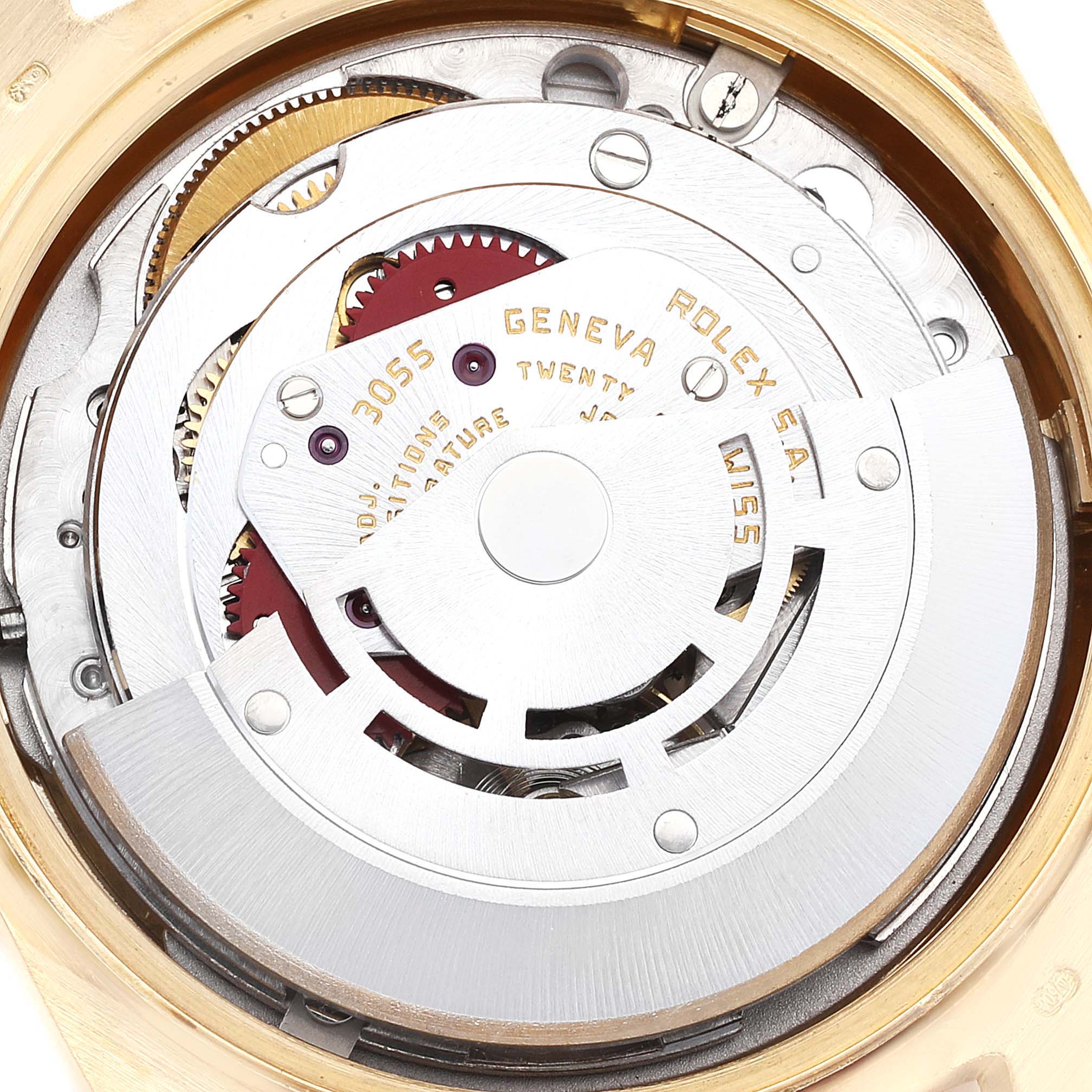 The image shows the intricate movement and internal mechanics of the Rolex President 18038 Men's Yellow Gold Champagne Dial 18038 Men's Yellow Gold Champagne Dial watch.