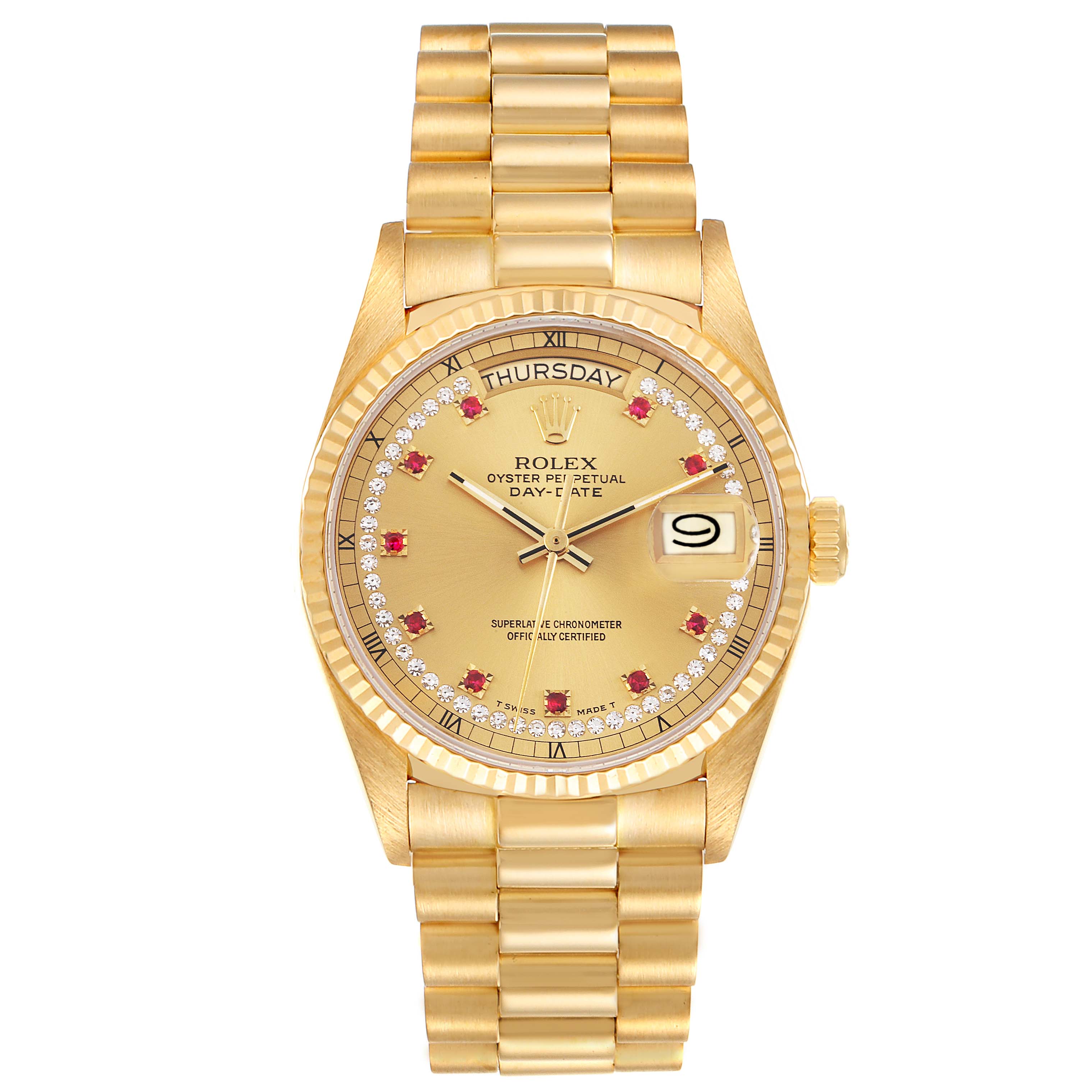 The image shows a Rolex President 18038 Men's Yellow Gold Champagne Dial 18038 Men's Yellow Gold Champagne Dial model watch from a front angle, highlighting the face, bracelet, and crown.