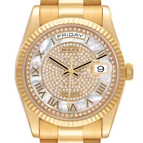 The image shows a frontal view of the Rolex President 118238 Men's Yellow Gold Mother of Pearl Dial watch, highlighting its gold bracelet, diamond-studded dial, and day-date features.