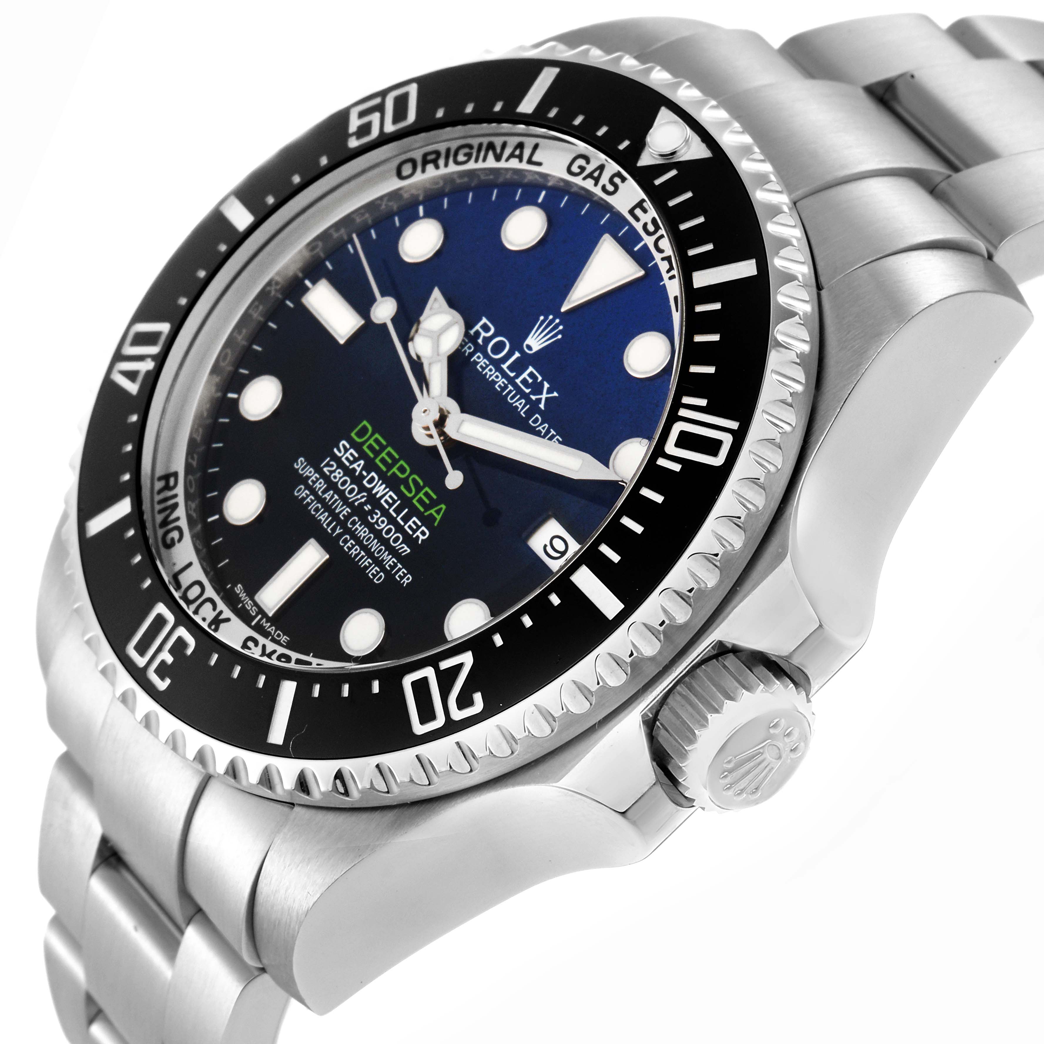 The Rolex Sea-Dweller model 116660 is shown at an angled side view, highlighting the dial, bezel, crown, and part of the bracelet.
