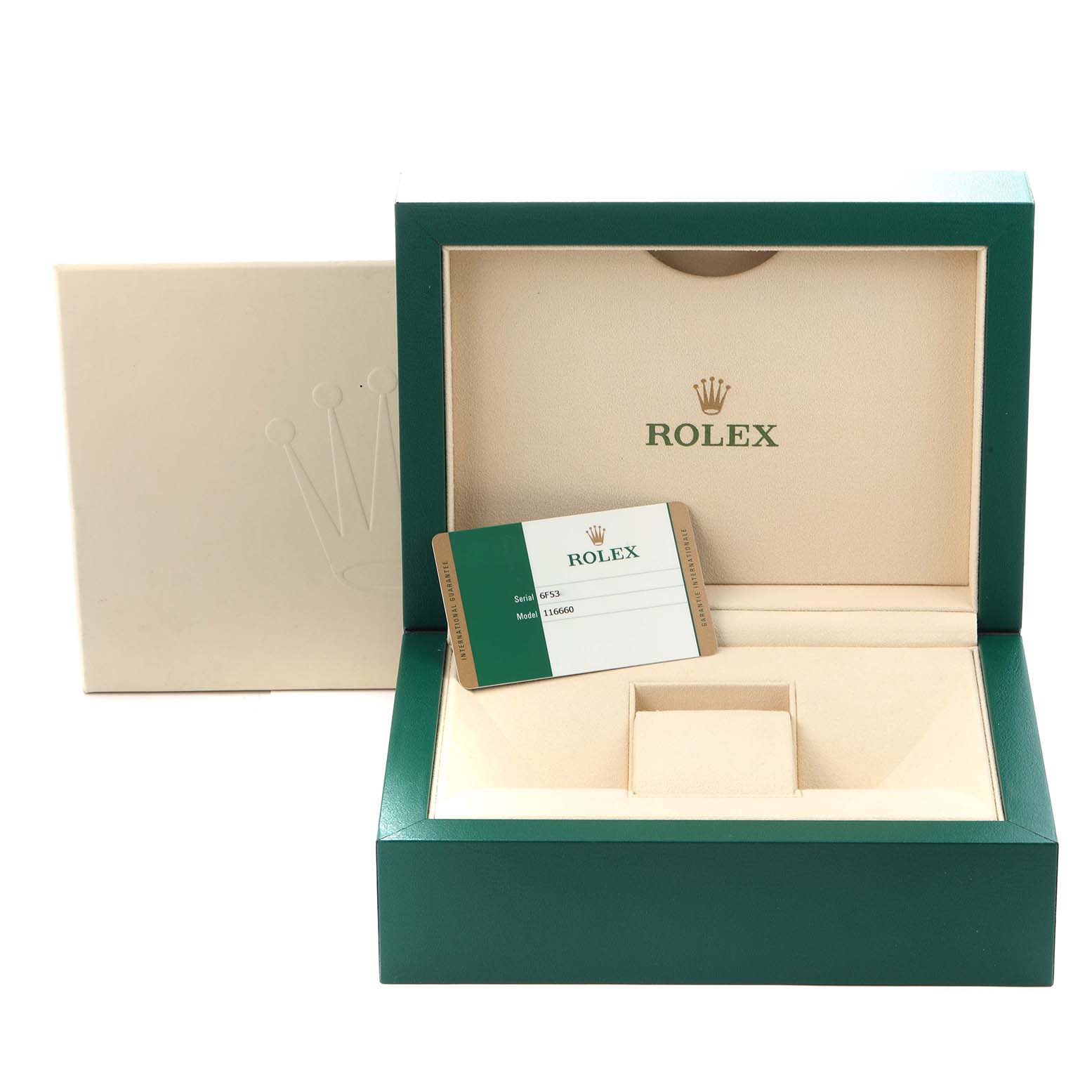The image shows an open Rolex Sea-Dweller model 116660 watch box set with an authentication card placed inside.