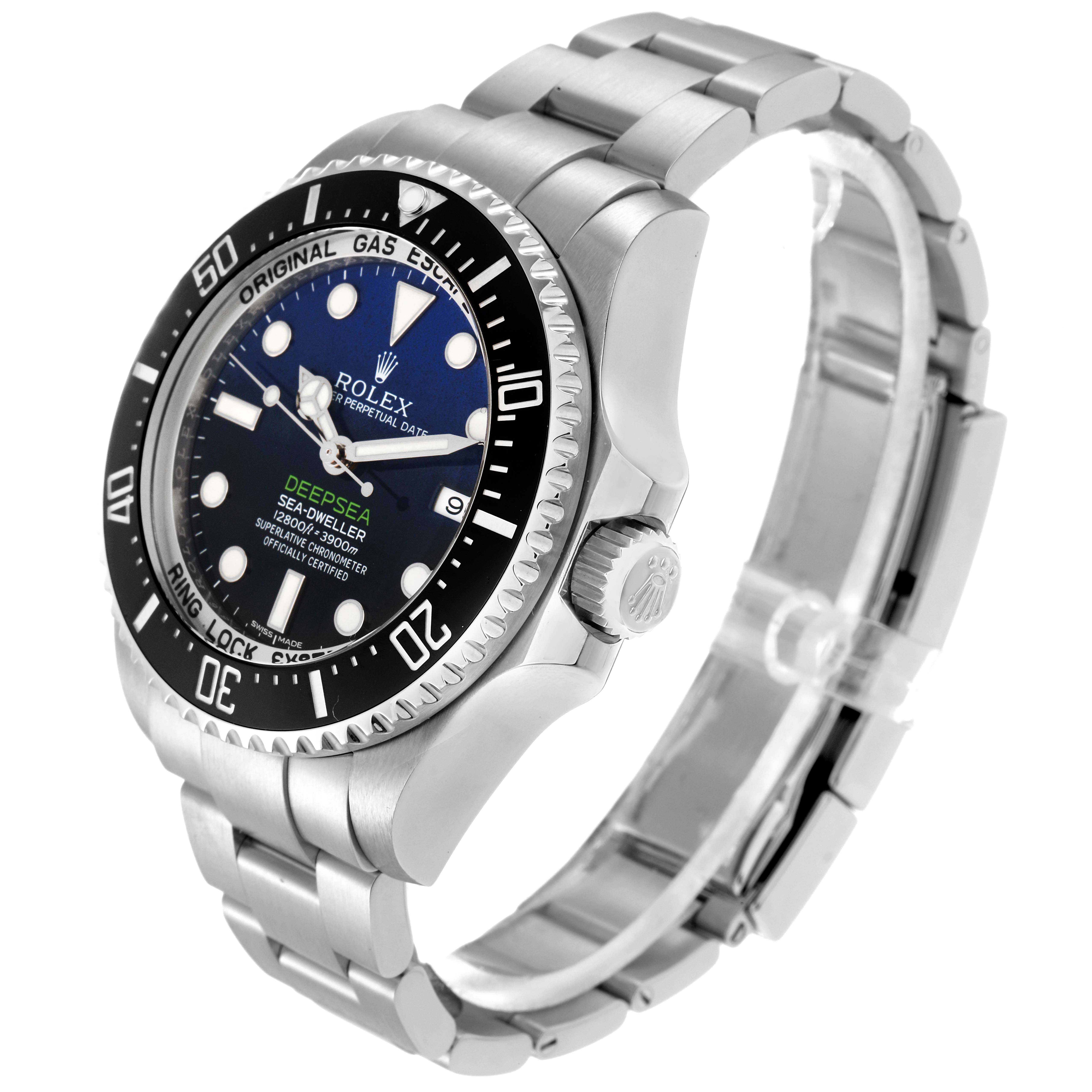The Rolex Sea-Dweller model 116660 is shown at an angle displaying the watch face, bezel, crown, and part of the bracelet.