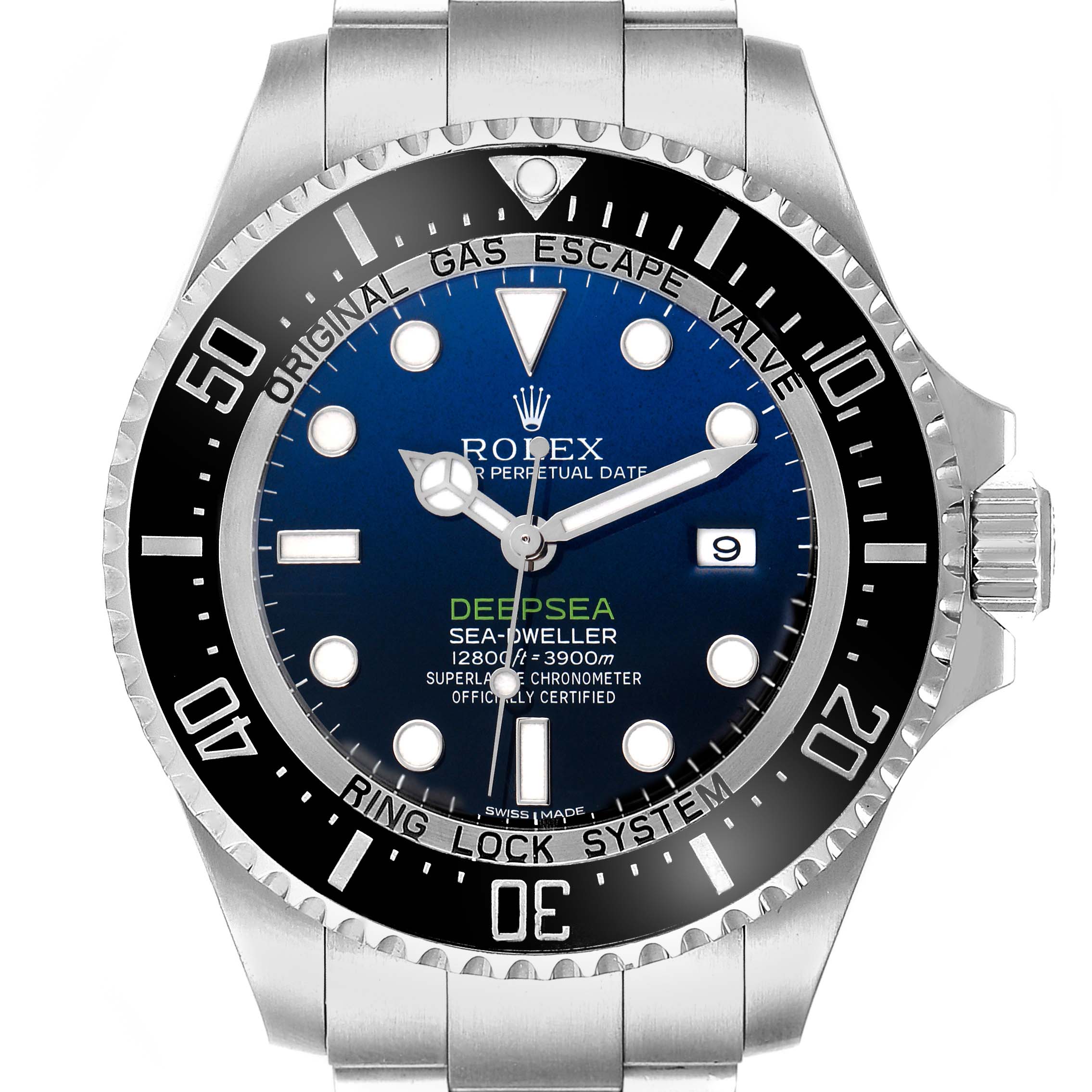 The Rolex Sea-Dweller model 116660 is shown from a front angle, highlighting the dial, bezel, hands, and crown clearly.