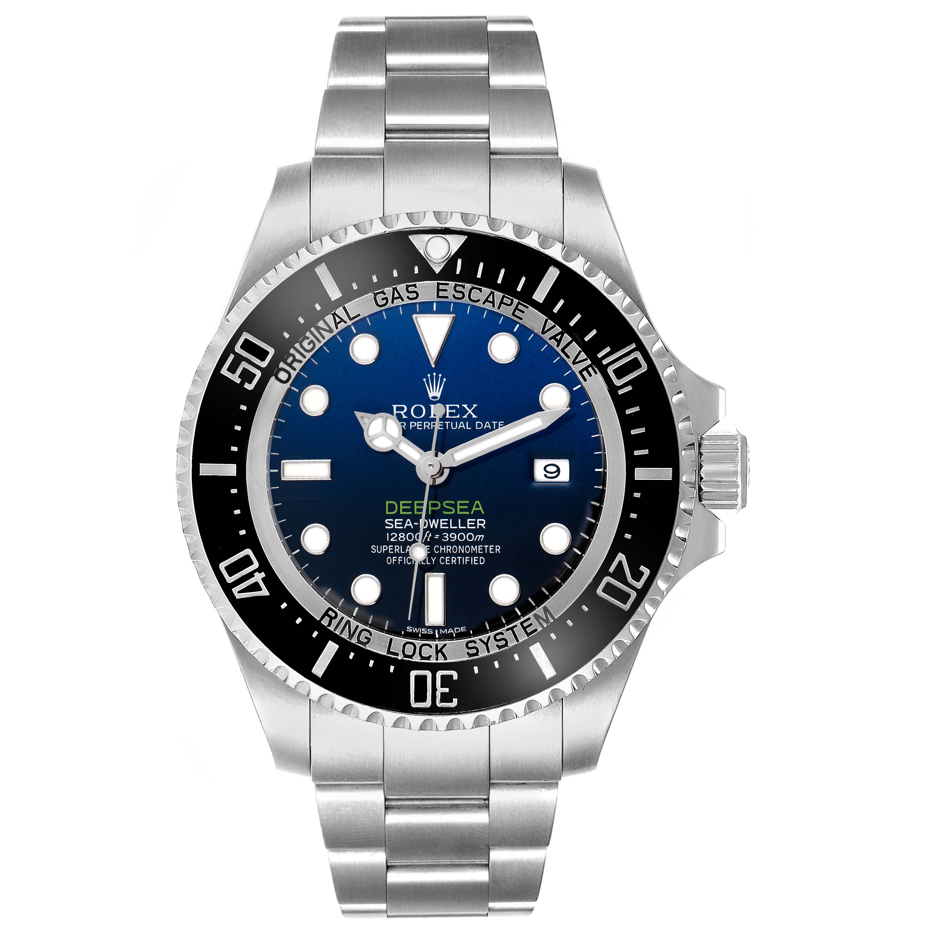 The Rolex Sea-Dweller model 116660 is shown from a front angle, displaying the dial, bezel, crown, and stainless steel bracelet.
