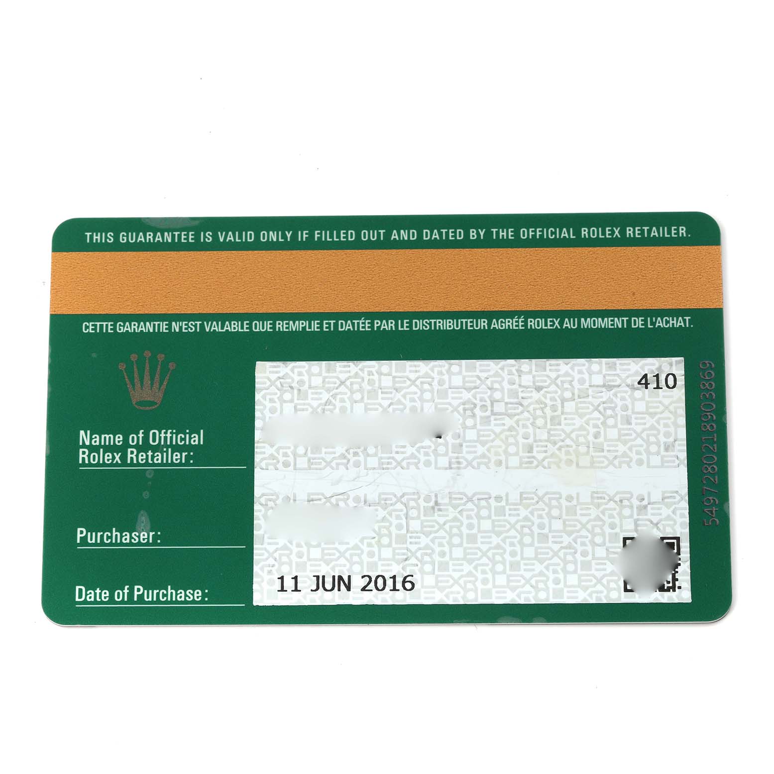 The image shows a Rolex guarantee card for the Sea-Dweller model 116660, documenting purchase details and retailer information.