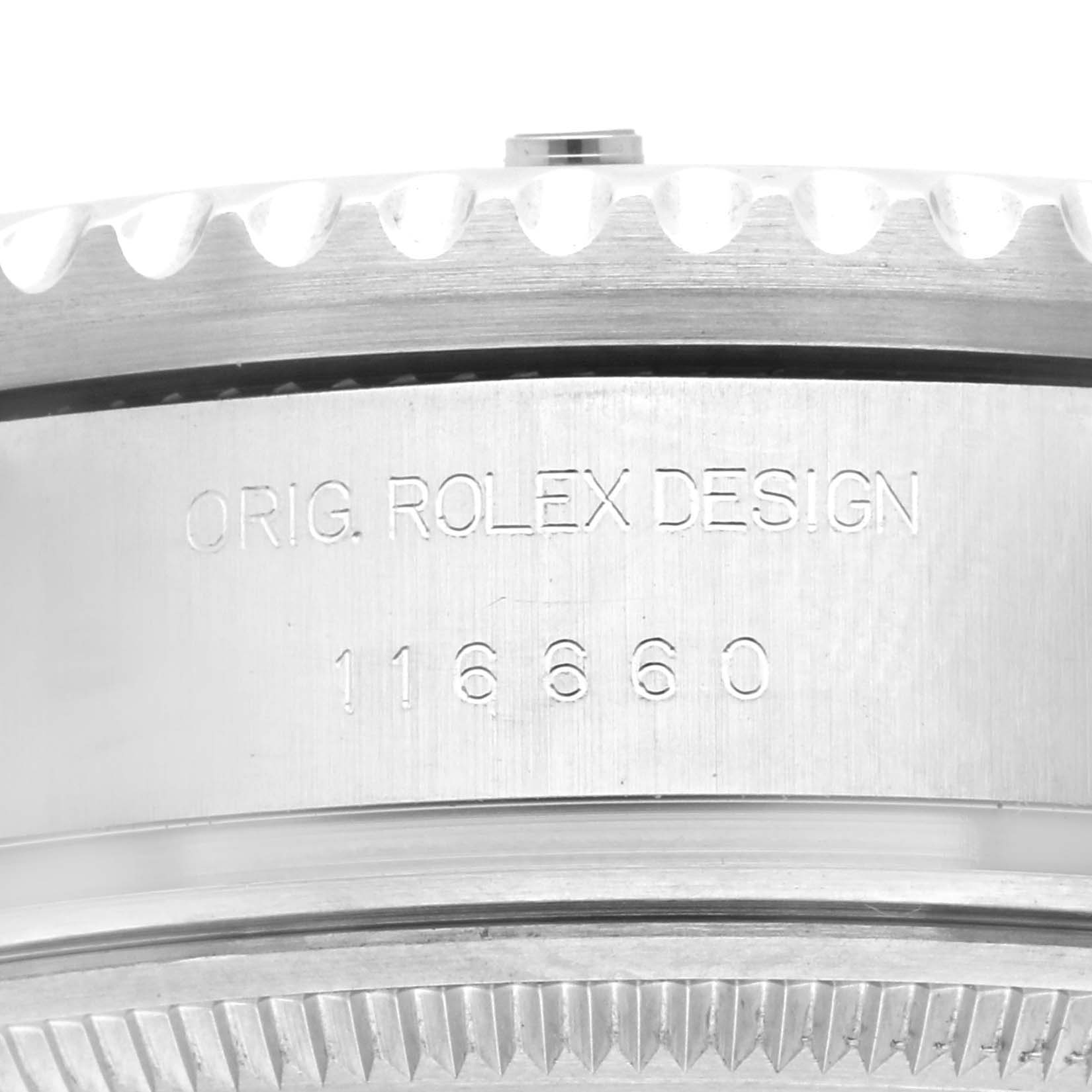 The image shows a close-up of the side of a Rolex Sea-Dweller model 116660, highlighting the engraved model number and part of the bezel edge.