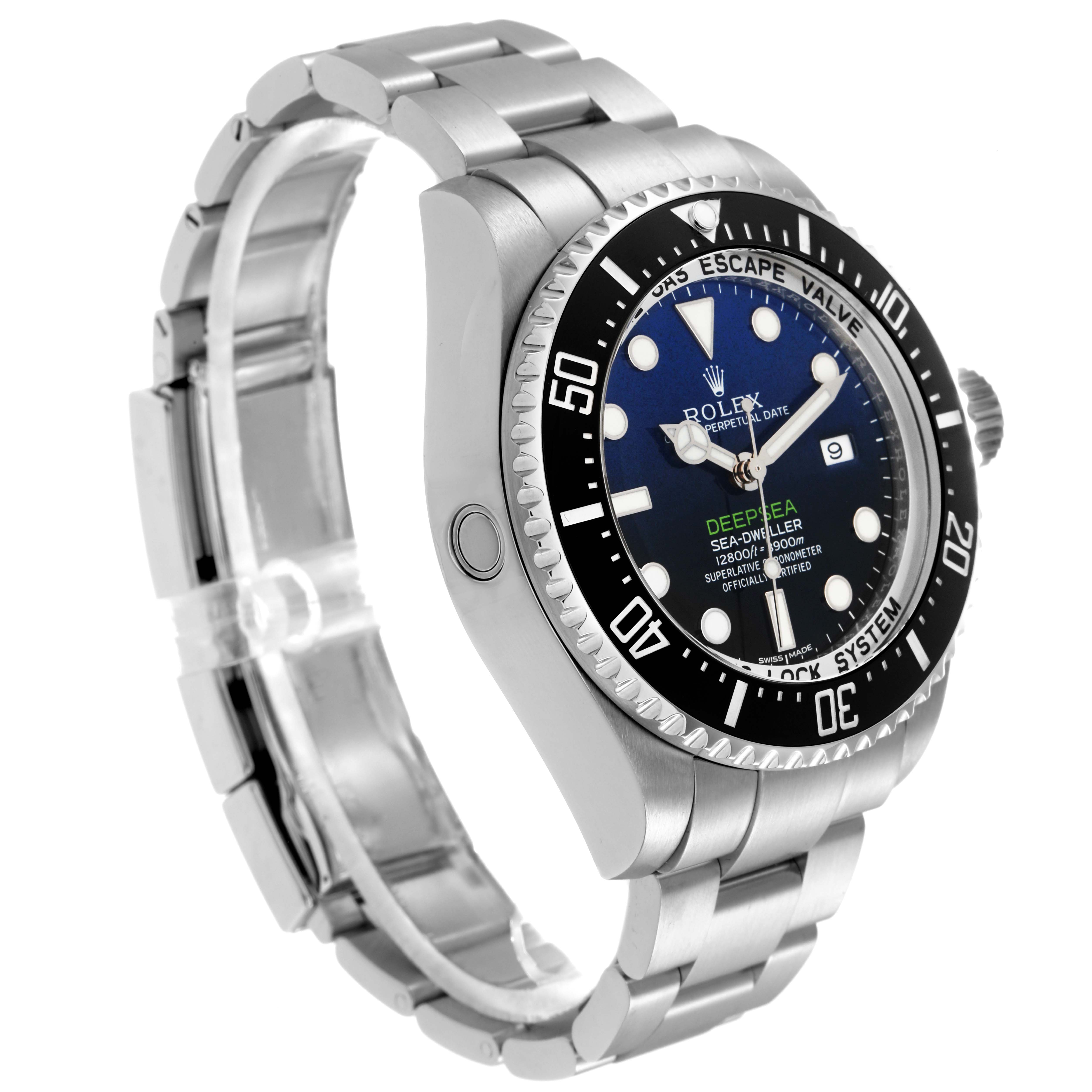 The Rolex Sea-Dweller model 116660 watch is displayed at an angle showing the face, bezel, crown, and part of the bracelet.