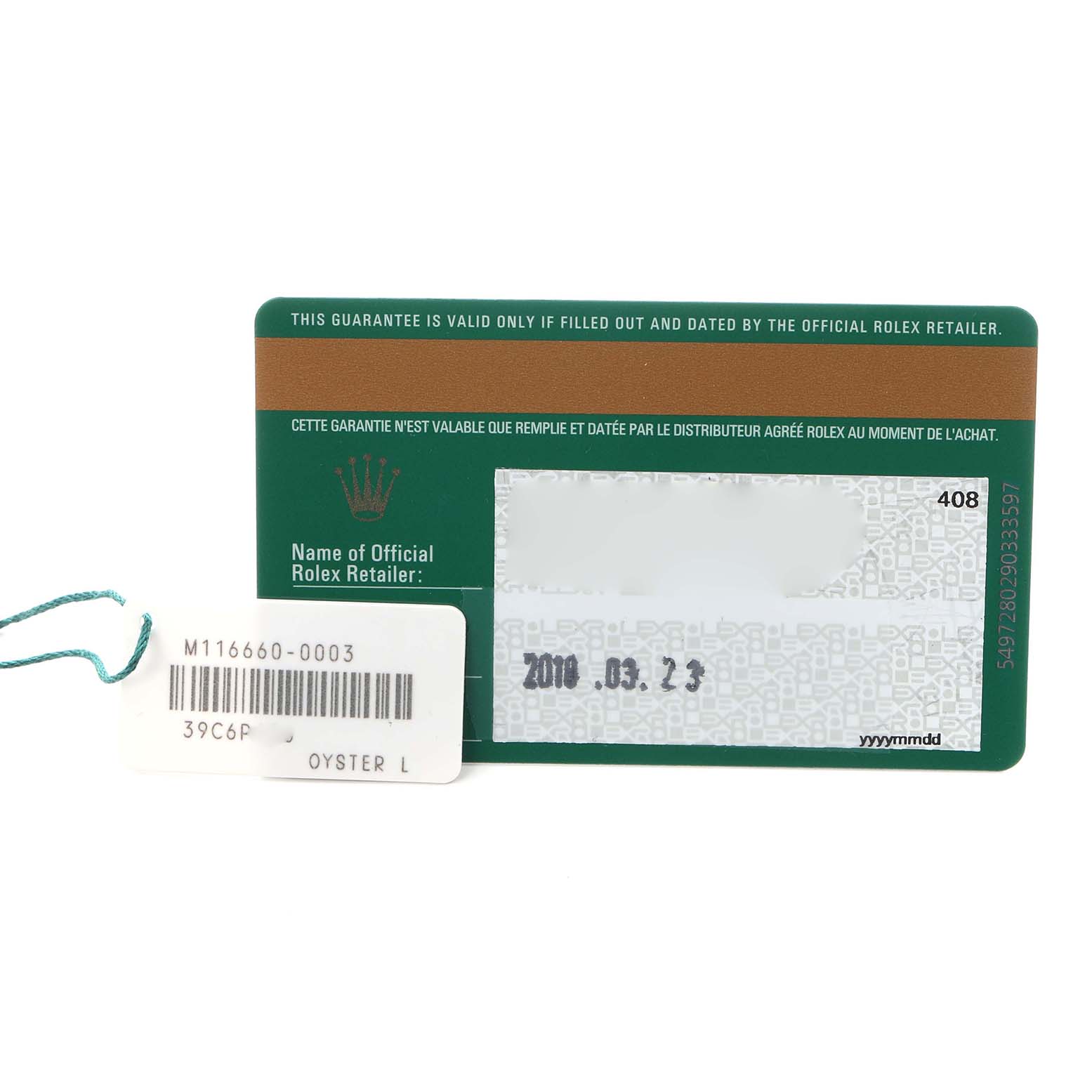 The image shows a warranty card and tag for the Rolex Sea-Dweller model 116660, featuring an official retailer's placeholder and a date stamp.