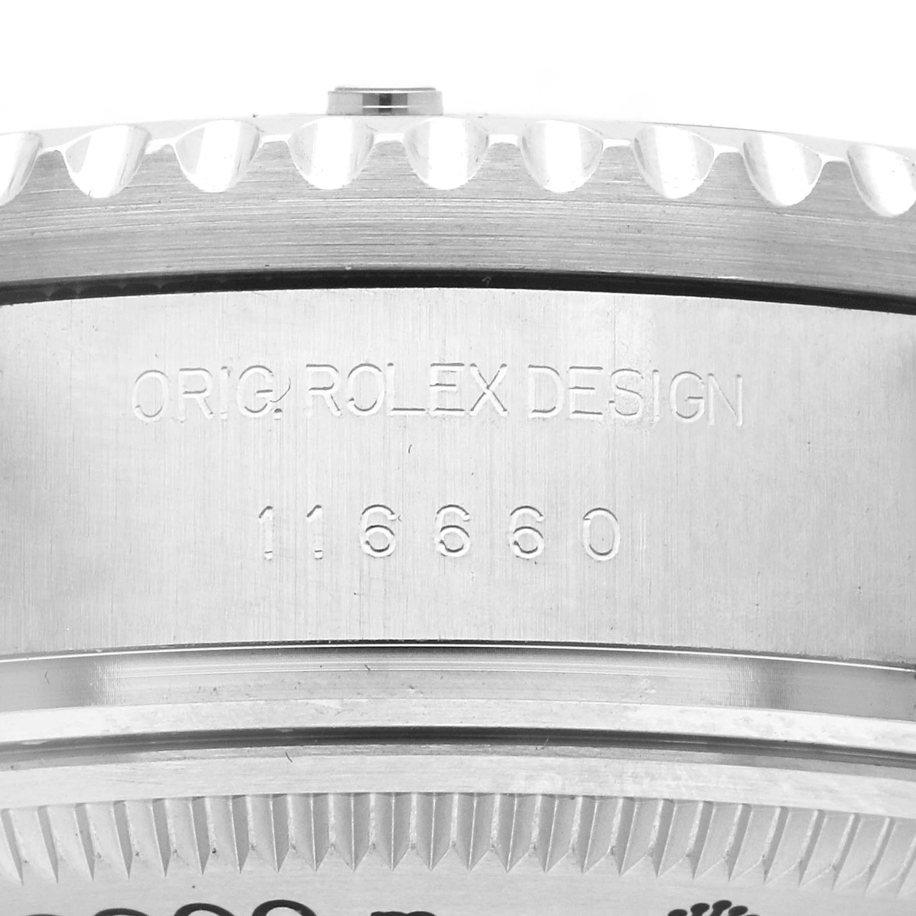 The image shows a close-up of the case side, featuring the engraving "ORIG ROLEX DESIGN 116660" of the Rolex Sea-Dweller model 116660.