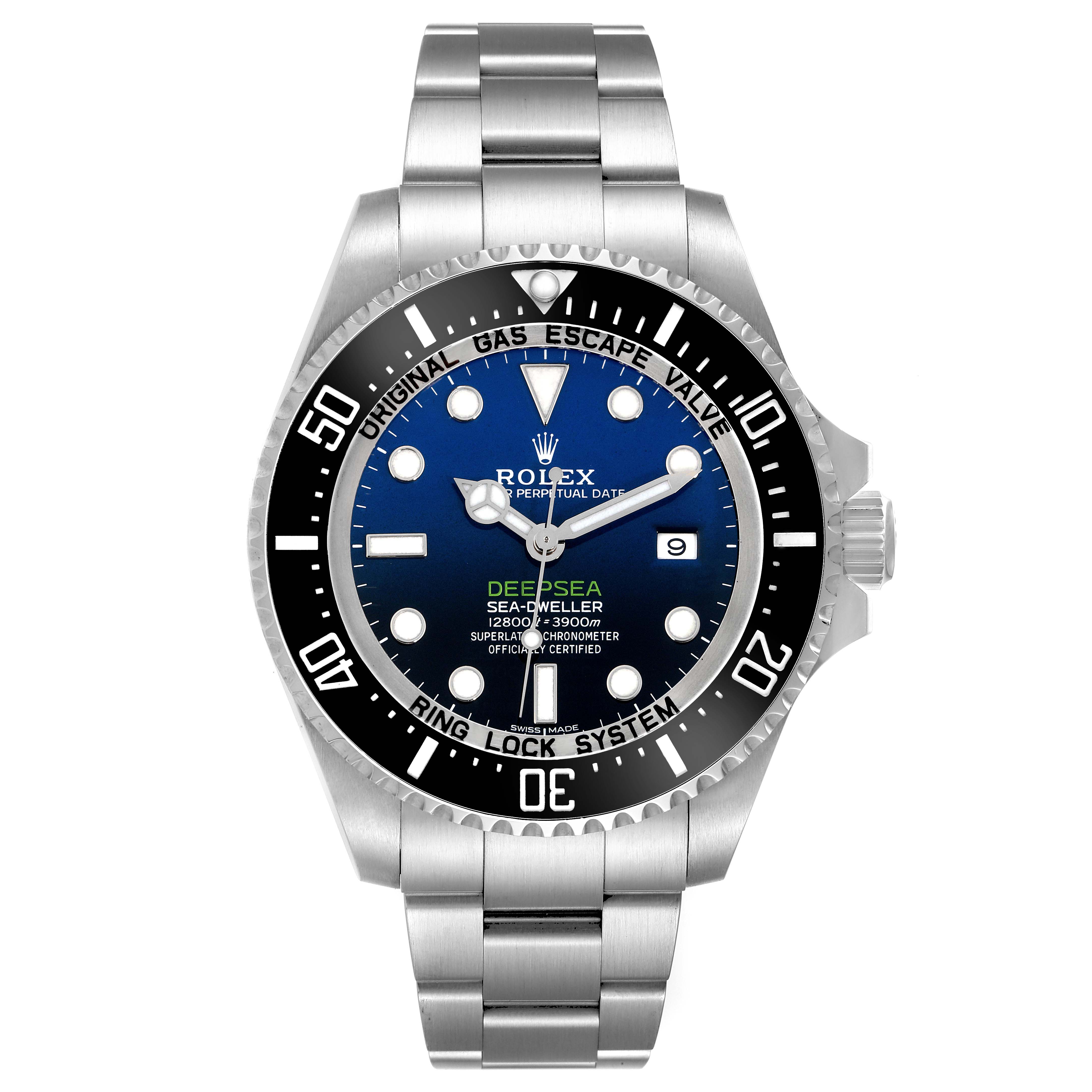 The Rolex Sea-Dweller model 116660 is shown from the front, highlighting the dial, bezel, and stainless steel bracelet.