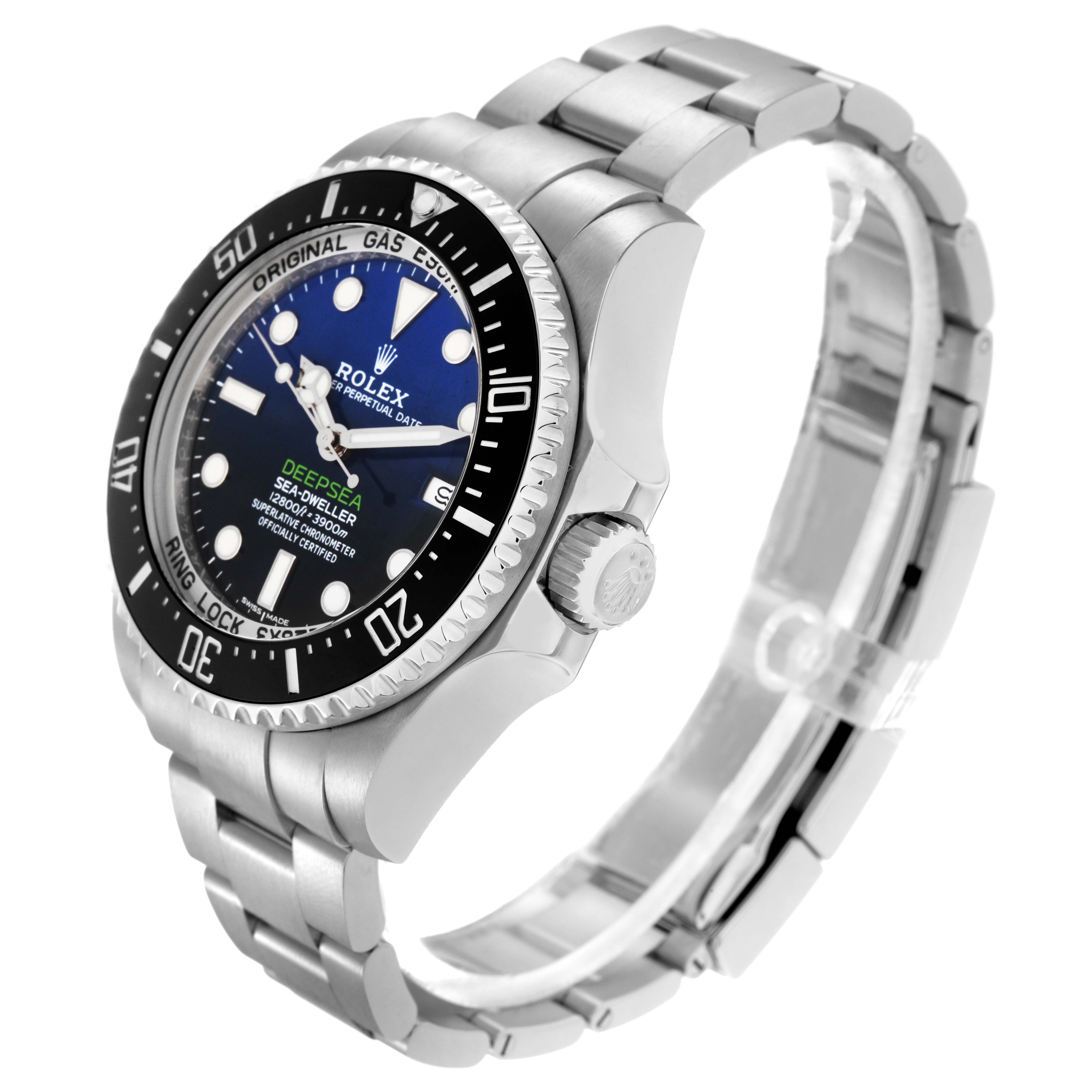 The image shows a side angle of the Rolex Sea-Dweller model 116660, displaying the watch face, bezel, crown, and part of the bracelet.
