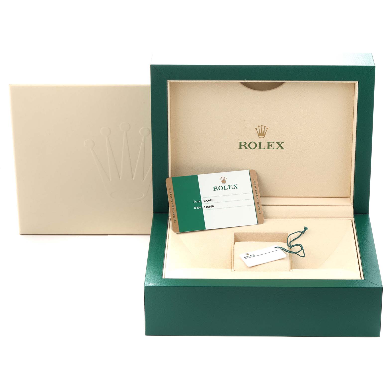 The image shows the packaging and accessories for a Rolex Sea-Dweller, model 116660, including the box, card, and hang tag, viewed from the front.