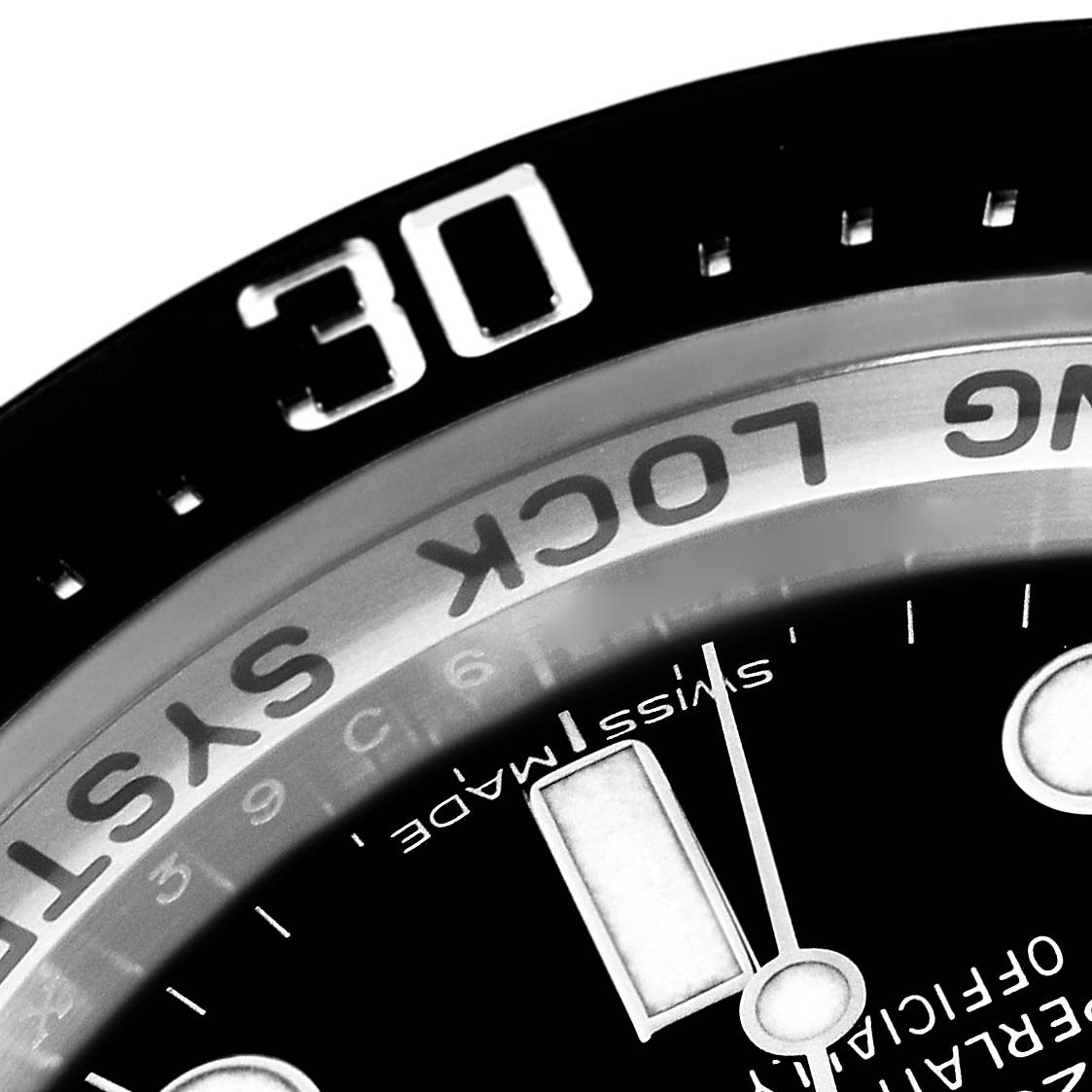 The image shows a close-up of the Rolex Sea-Dweller model 116660's bezel and part of the dial, focusing on the "30" marker and the "Ring Lock System" engraving.