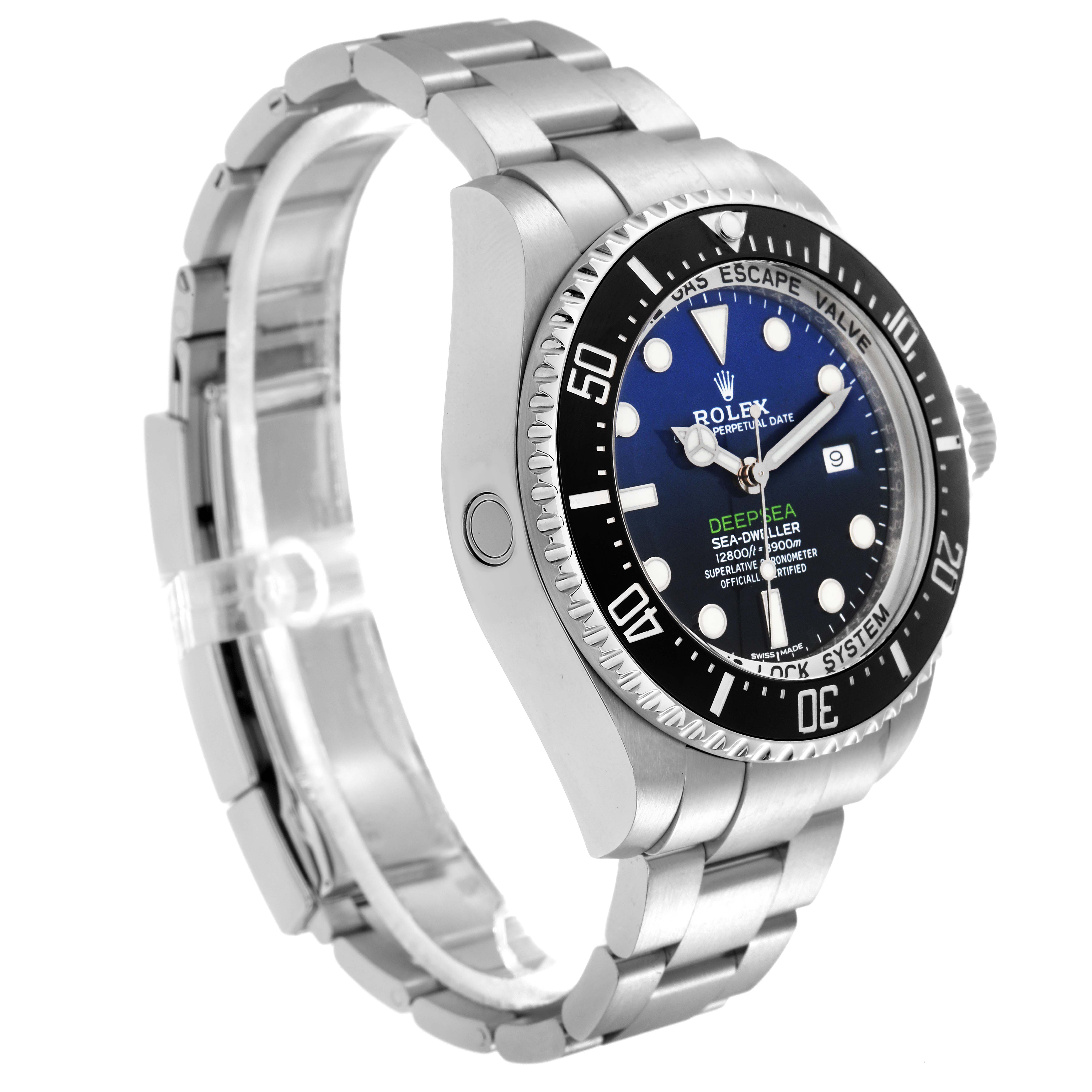 The Rolex Sea-Dweller model 116660 is shown from a side angle, displaying the watch face, bezel, case, crown, and part of the bracelet.