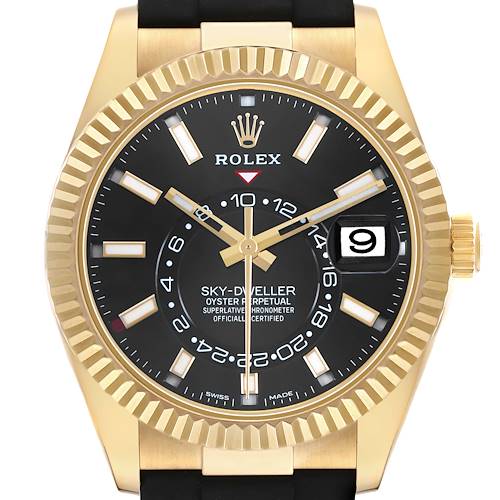The Rolex Sky-Dweller 326238 Men's Yellow Gold Black Dial is shown from a front angle, highlighting the dial, bezel, and crown.