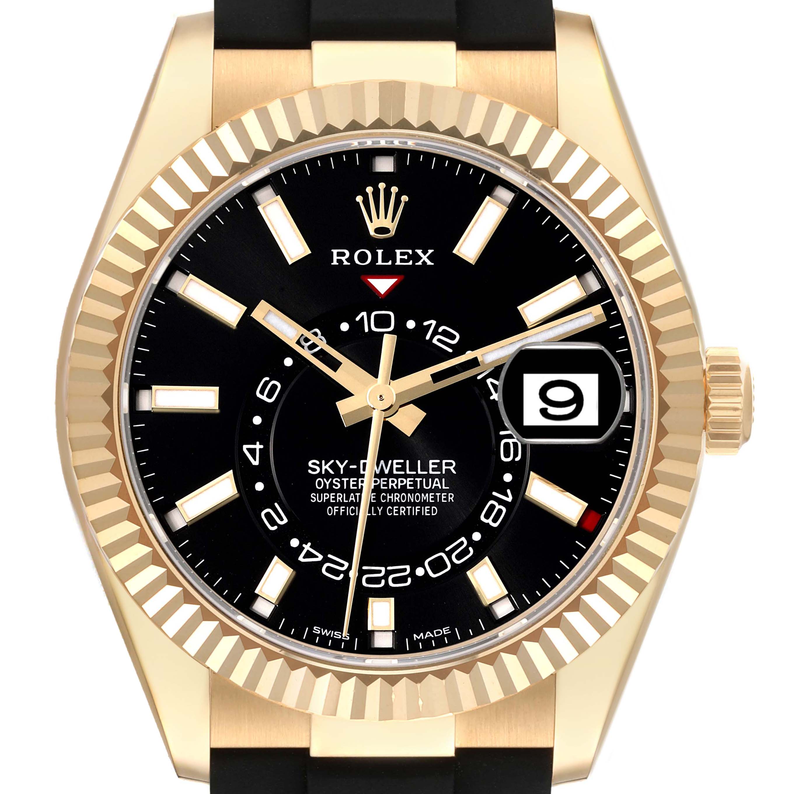 This image shows a frontal view of a Rolex Sky-Dweller 326238 Men
s Yellow Gold Black Dial 326238 Men
s Yellow Gold Black Dial watch, highlighting its dial, bezel, and crown.