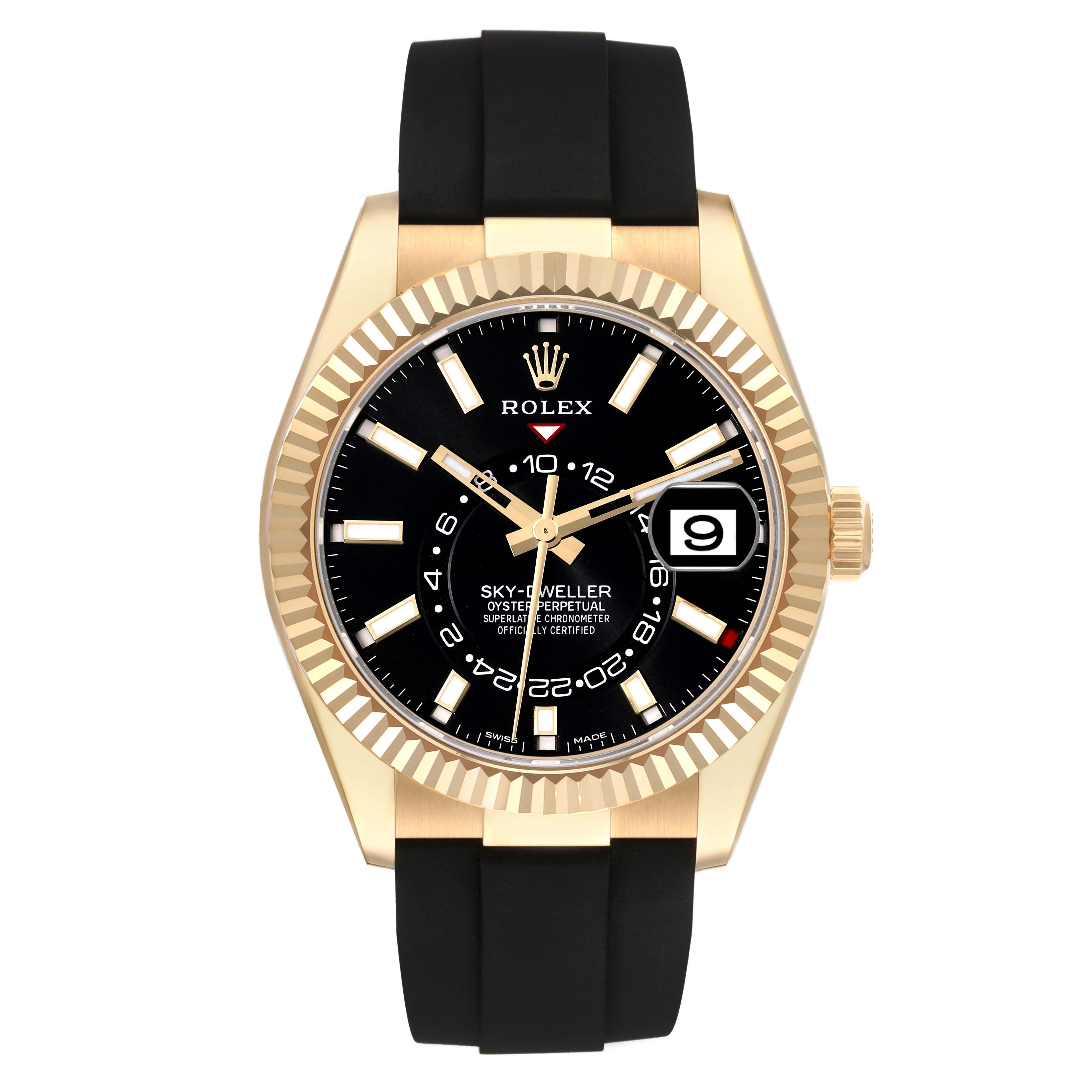 This image shows a Rolex Sky-Dweller 326238 Men
s Yellow Gold Black Dial 326238 Men
s Yellow Gold Black Dial watch from a front angle, featuring a black dial, gold case, fluted bezel, and black strap.