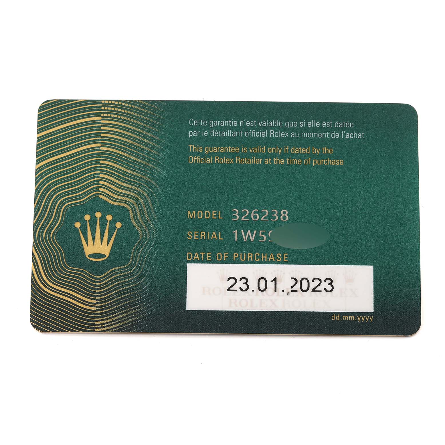 This image shows the warranty card for the Rolex Sky-Dweller 326238 Men
s Yellow Gold Black Dial 326238 Men
s Yellow Gold Black Dial model 326238, including details like the serial number and date of purchase.