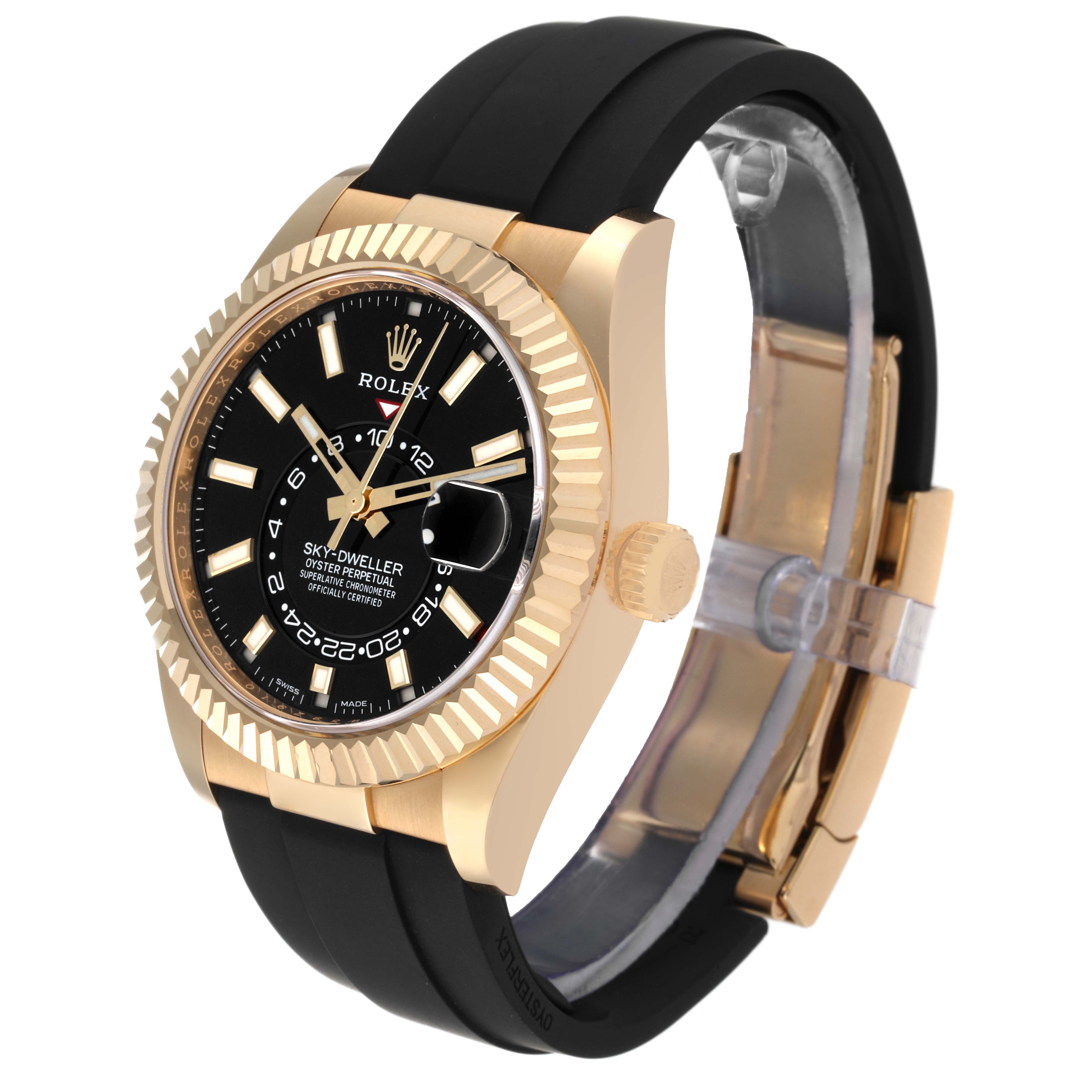 The Rolex Sky-Dweller 326238 Men
s Yellow Gold Black Dial 326238 Men
s Yellow Gold Black Dial watch is shown at a three-quarter angle, highlighting its face, bezel, crown, and strap.
