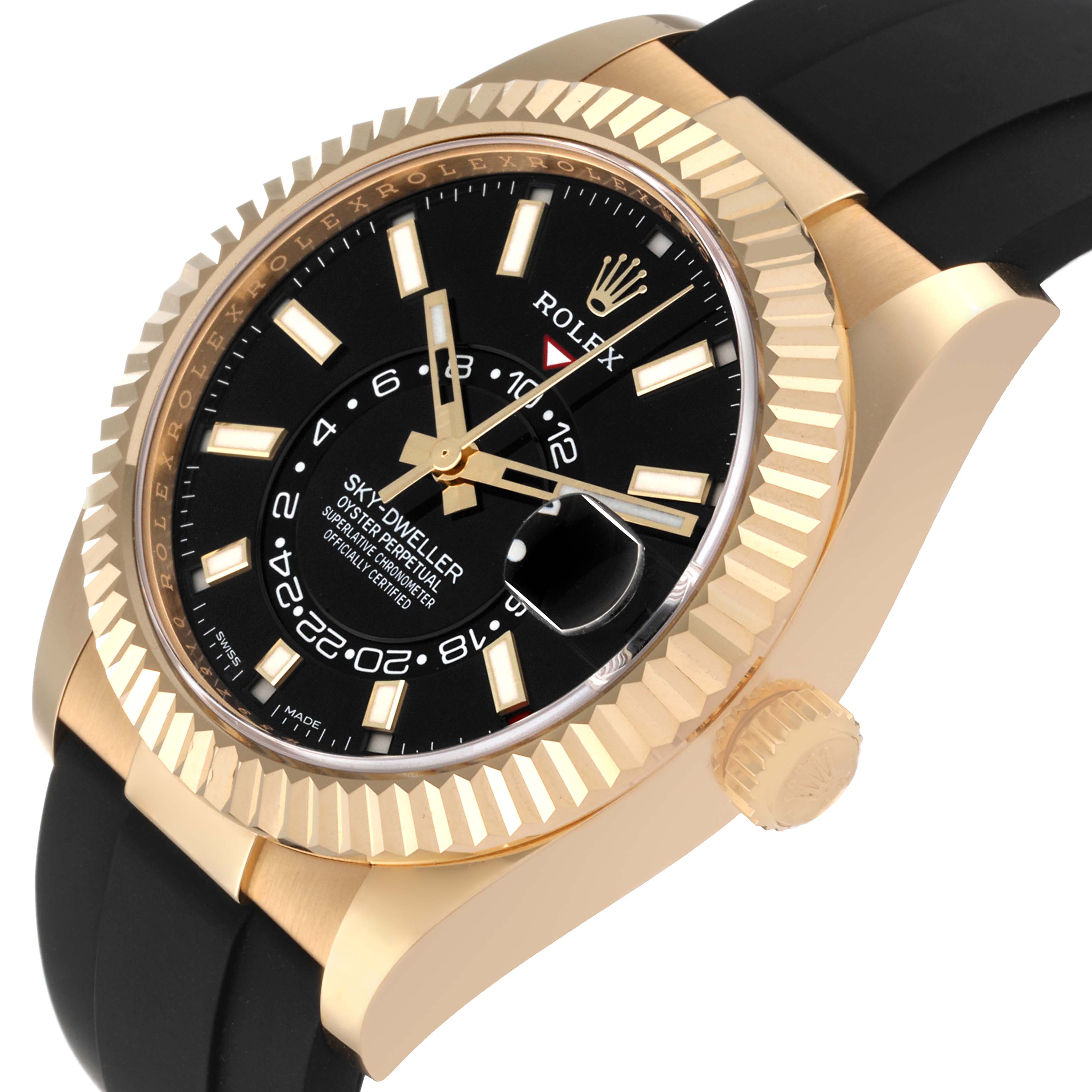 The image shows a side angle of the Rolex Sky-Dweller 326238 Men
s Yellow Gold Black Dial 326238 Men
s Yellow Gold Black Dial, highlighting the crown, bezel, and part of the band.