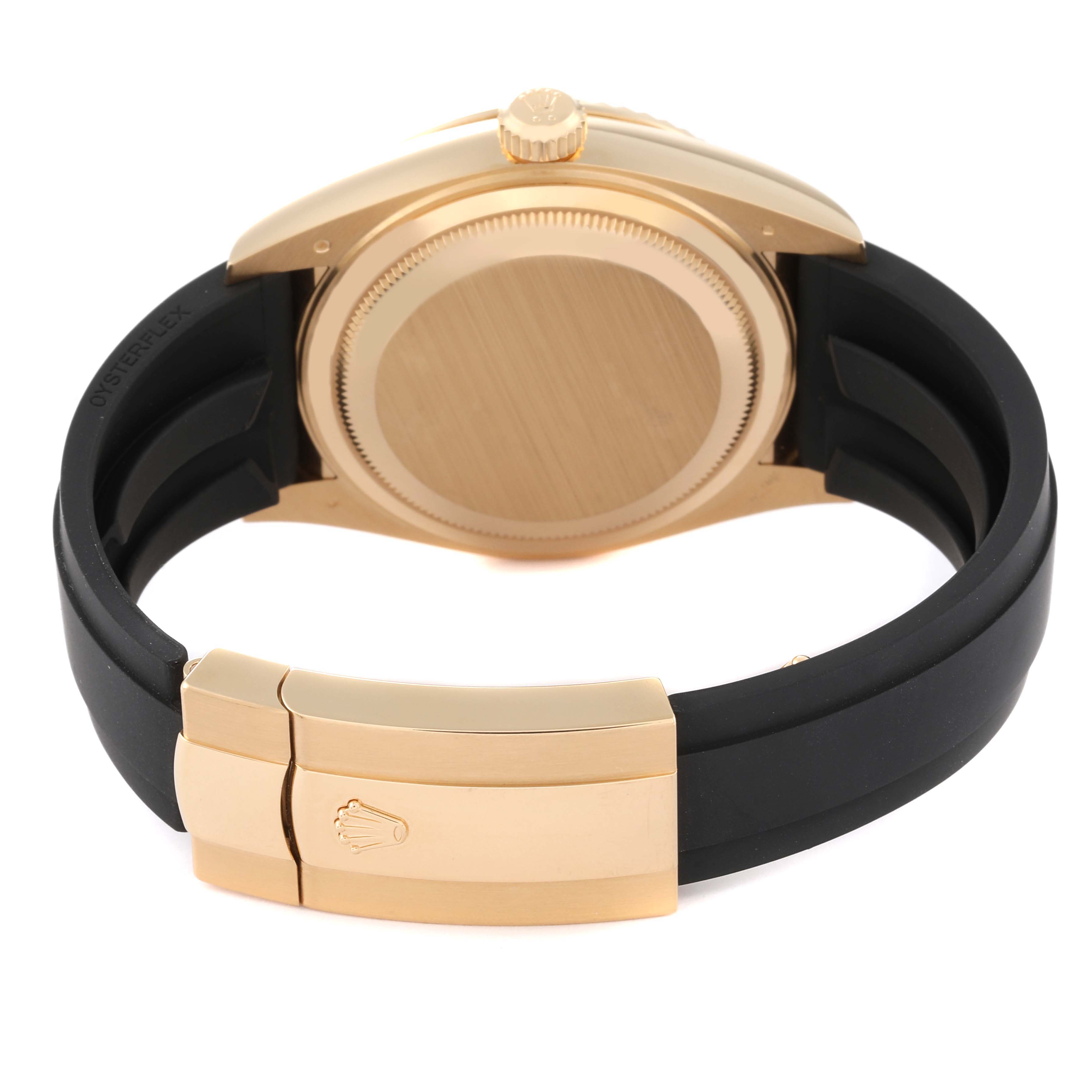 This image shows the back of a Rolex Sky-Dweller 326238 Men
s Yellow Gold Black Dial 326238 Men
s Yellow Gold Black Dial watch with a gold case and black strap.