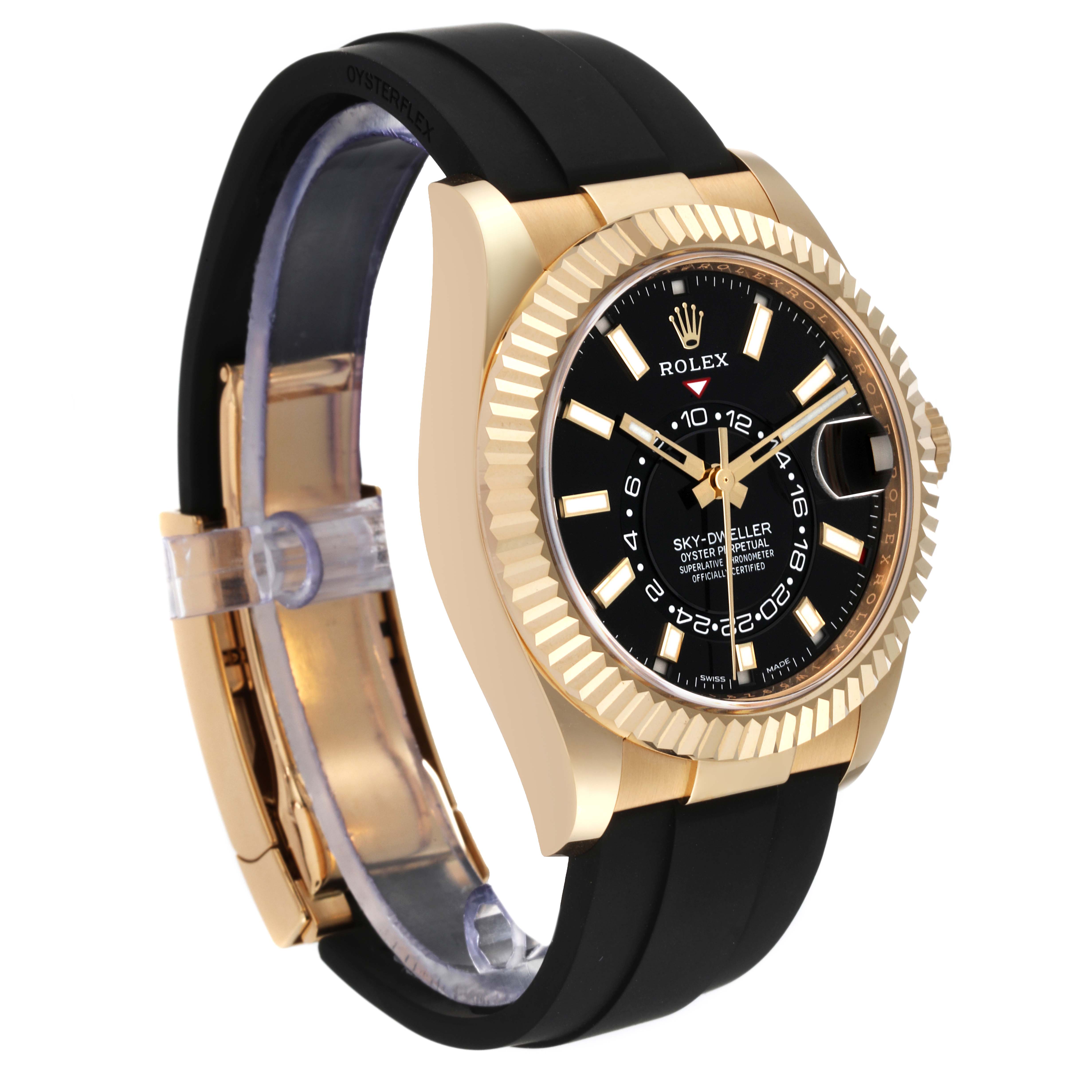 The image shows a Rolex Sky-Dweller 326238 Men
s Yellow Gold Black Dial 326238 Men
s Yellow Gold Black Dial watch at a three-quarter angle, highlighting its black dial, fluted bezel, and Oysterflex bracelet.