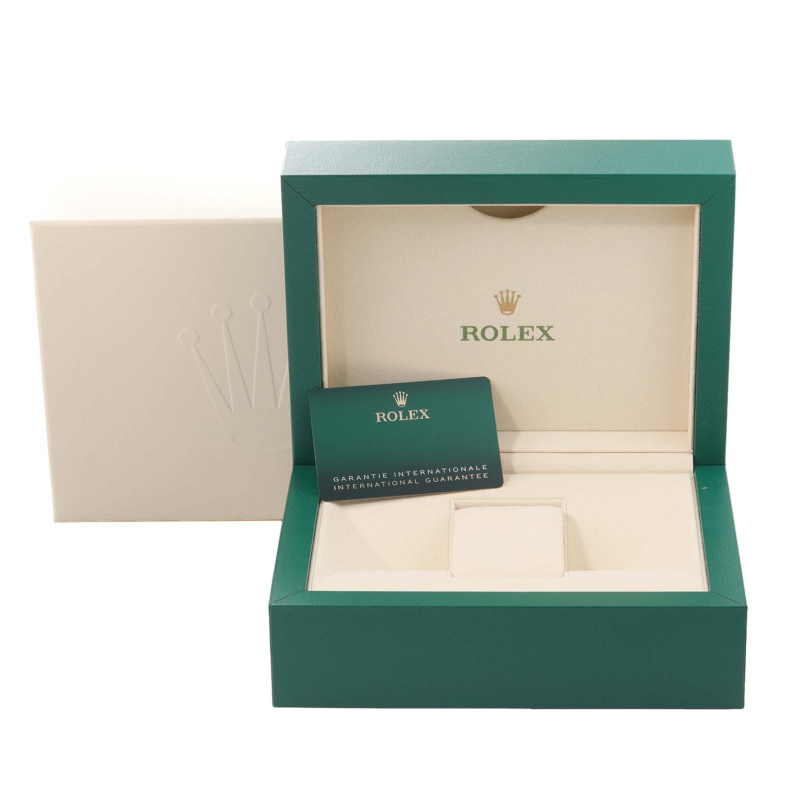 The image shows the case and international guarantee card for a Rolex Sky-Dweller 326238 Men
s Yellow Gold Black Dial 326238 Men
s Yellow Gold Black Dial watch, photographed from a front-facing angle.