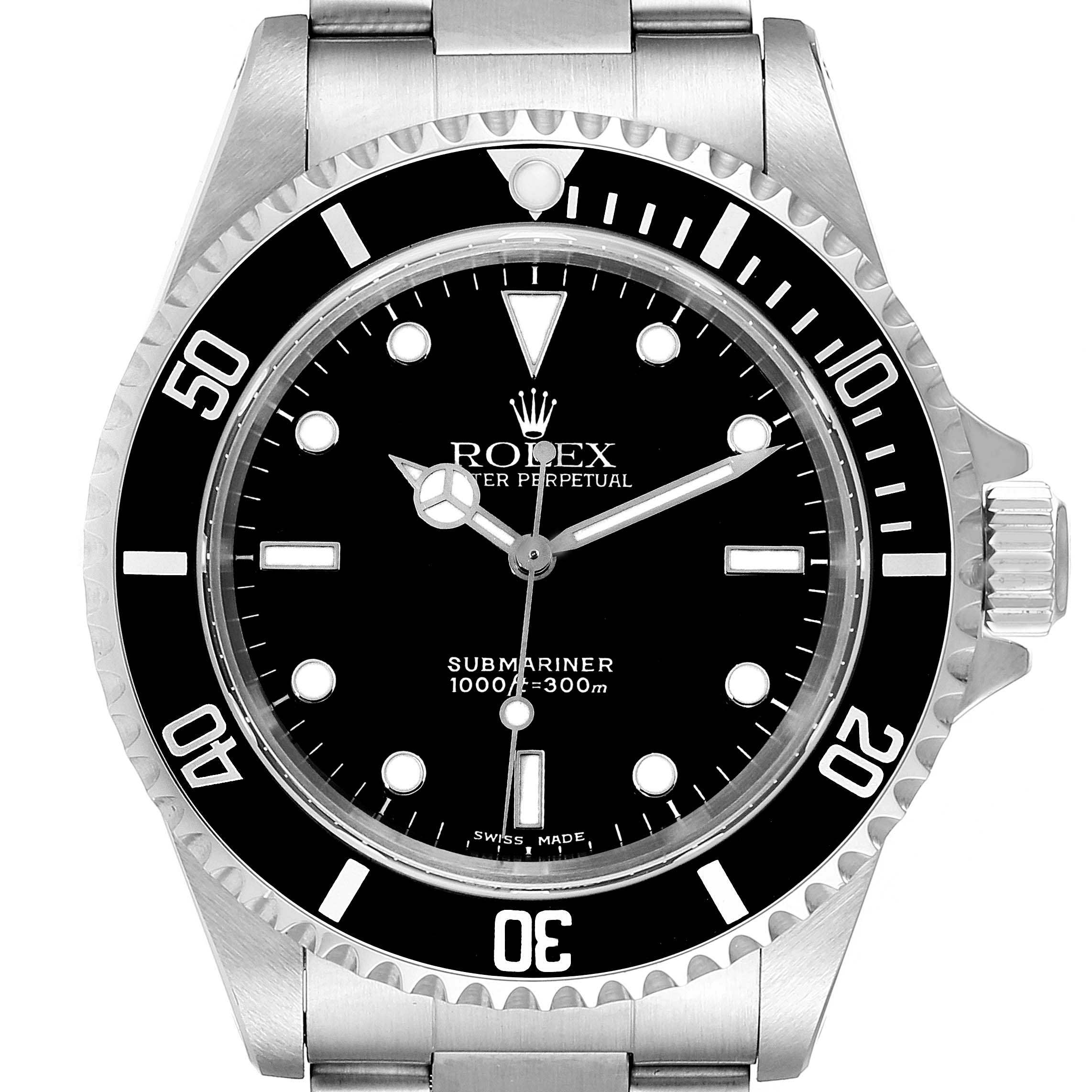 This image shows a frontal view of the Rolex Submariner 14060 Men's Stainless Steel Black Dial 14060 Men's Stainless Steel Black Dial watch, highlighting the dial, bezel, crown, and part of the bracelet.
