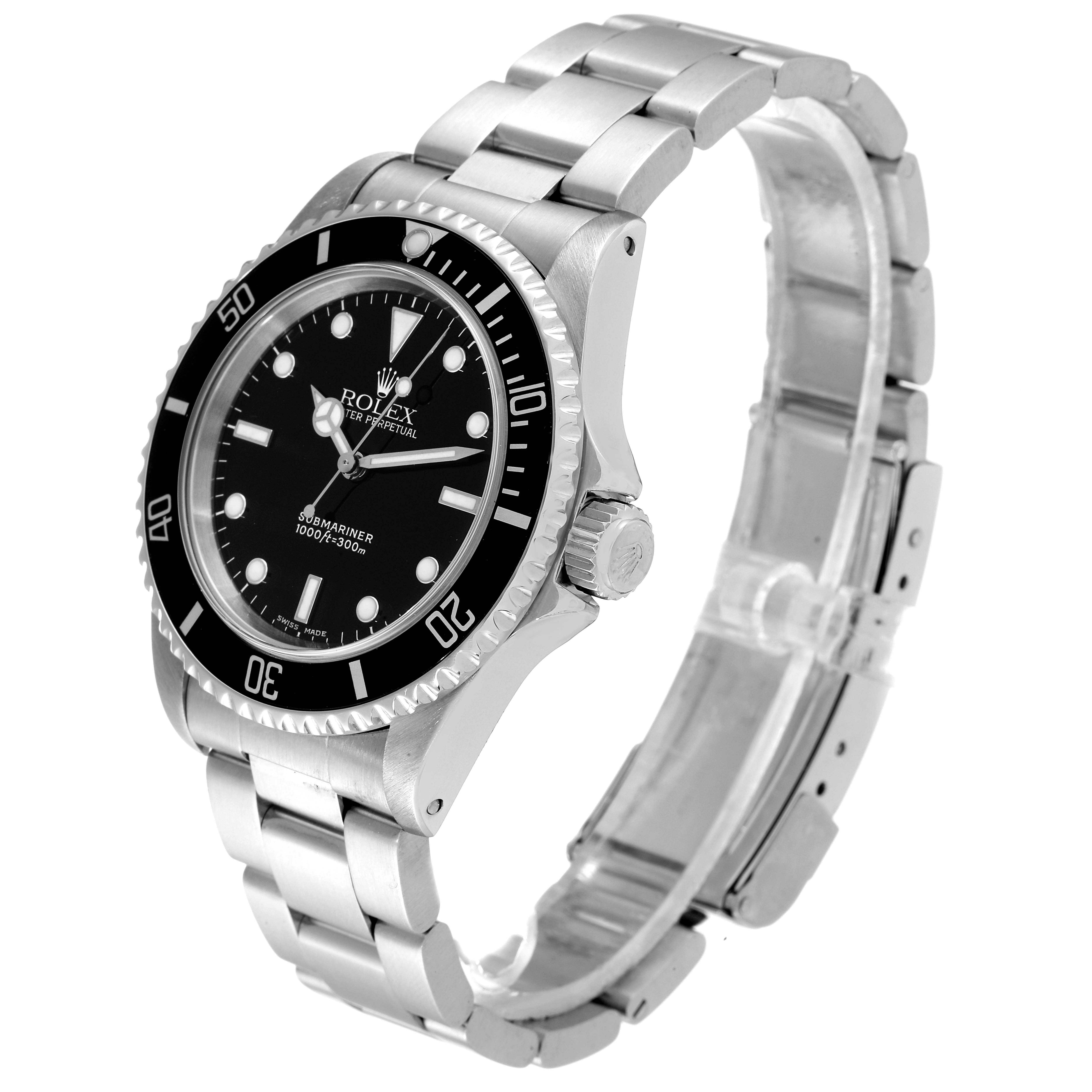 The image shows a Rolex Submariner 14060 Men's Stainless Steel Black Dial 14060 Men's Stainless Steel Black Dial watch from a three-quarter angle, displaying the face, bezel, crown, and part of the bracelet.
