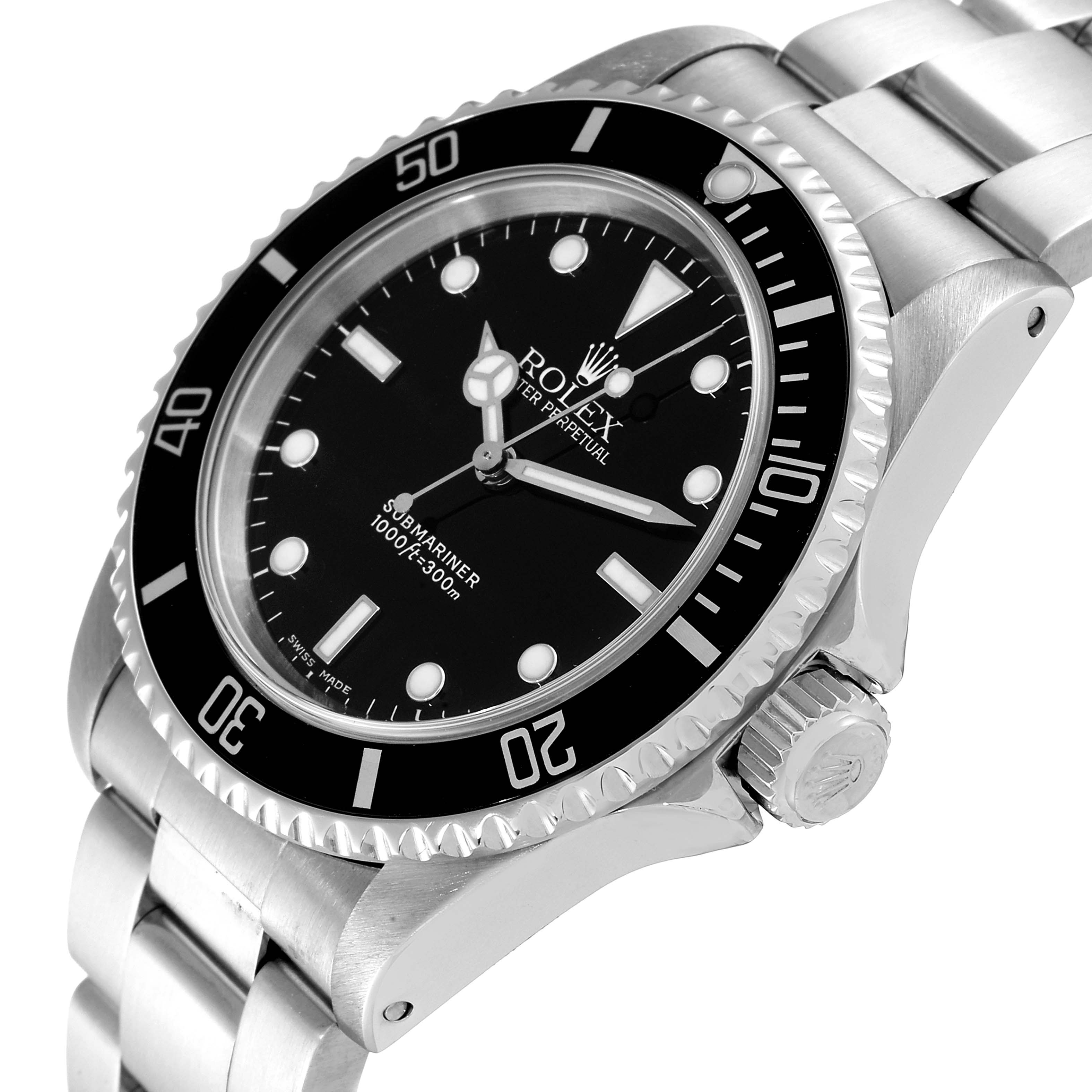 This image shows a close-up angle of the Rolex Submariner 14060 Men's Stainless Steel Black Dial 14060 Men's Stainless Steel Black Dial watch, highlighting the dial, bezel, and part of the bracelet.