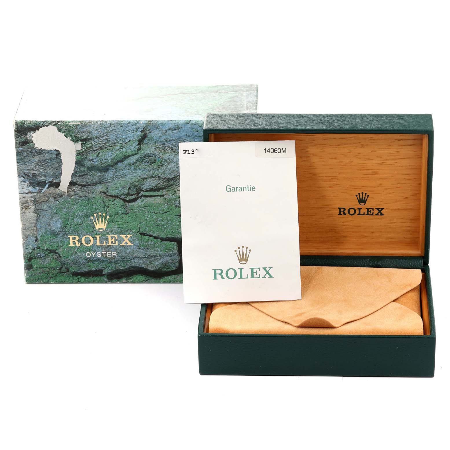 The image shows a Rolex Submariner 14060 Men's Stainless Steel Black Dial 14060 Men's Stainless Steel Black Dial box, a warranty card, and the inner watch pouch from a front angle.