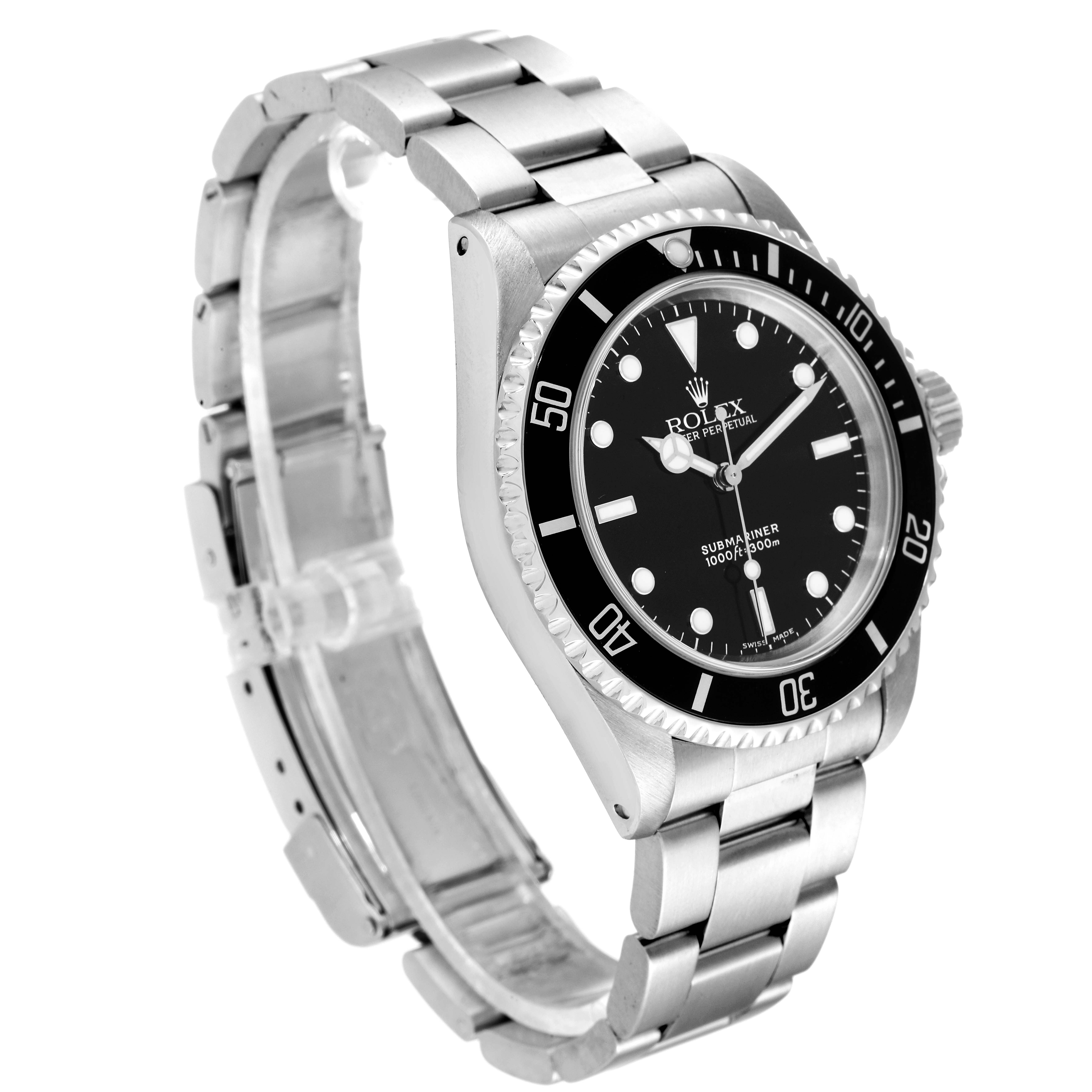This image shows a side and face view of the Rolex Submariner 14060 Men's Stainless Steel Black Dial 14060 Men's Stainless Steel Black Dial, featuring its bracelet, bezel, and dial.
