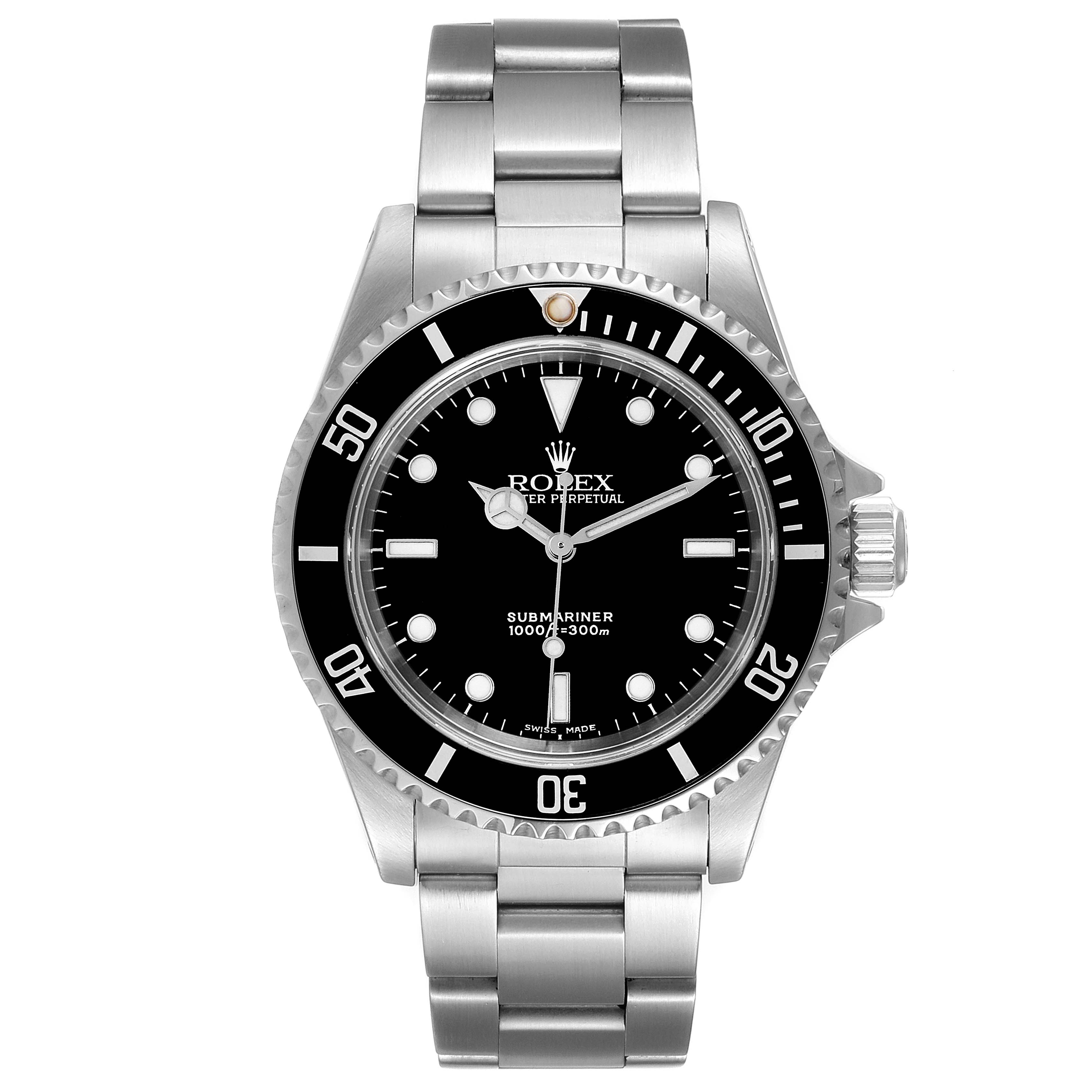 The image shows a front-facing view of a Rolex Submariner 14060 Men's Stainless Steel Black Dial 14060 Men's Stainless Steel Black Dial watch, showcasing its dial, bezel, and stainless steel bracelet.