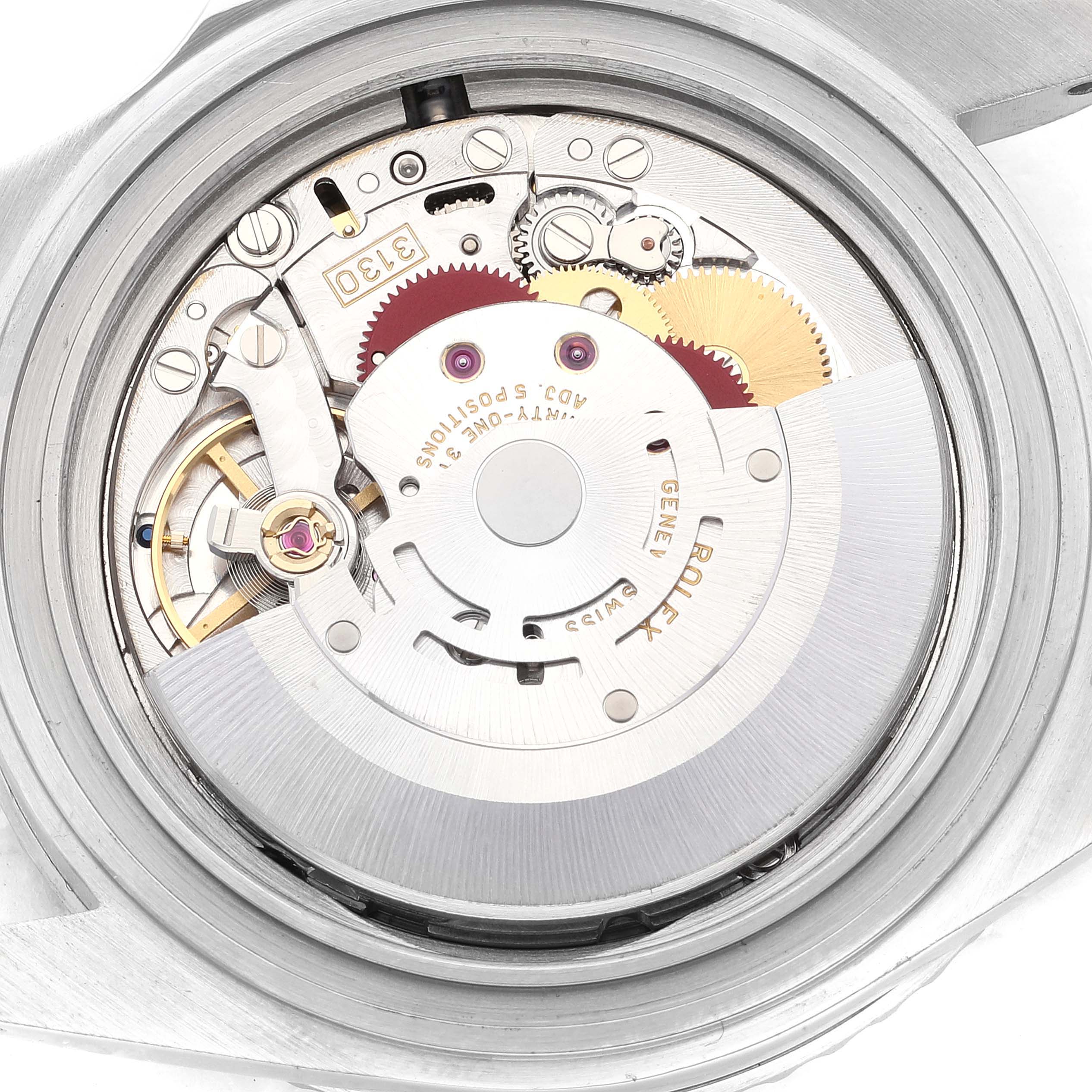 The image shows the close-up view of the movement mechanism inside the Rolex Submariner 14060 Men's Stainless Steel Black Dial 14060 Men's Stainless Steel Black Dial watch.