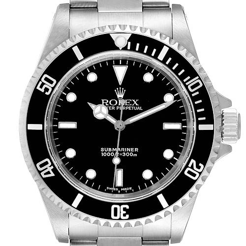 This image shows a front view of a Rolex Submariner, displaying its dial, bezel, hands, and part of the bracelet.