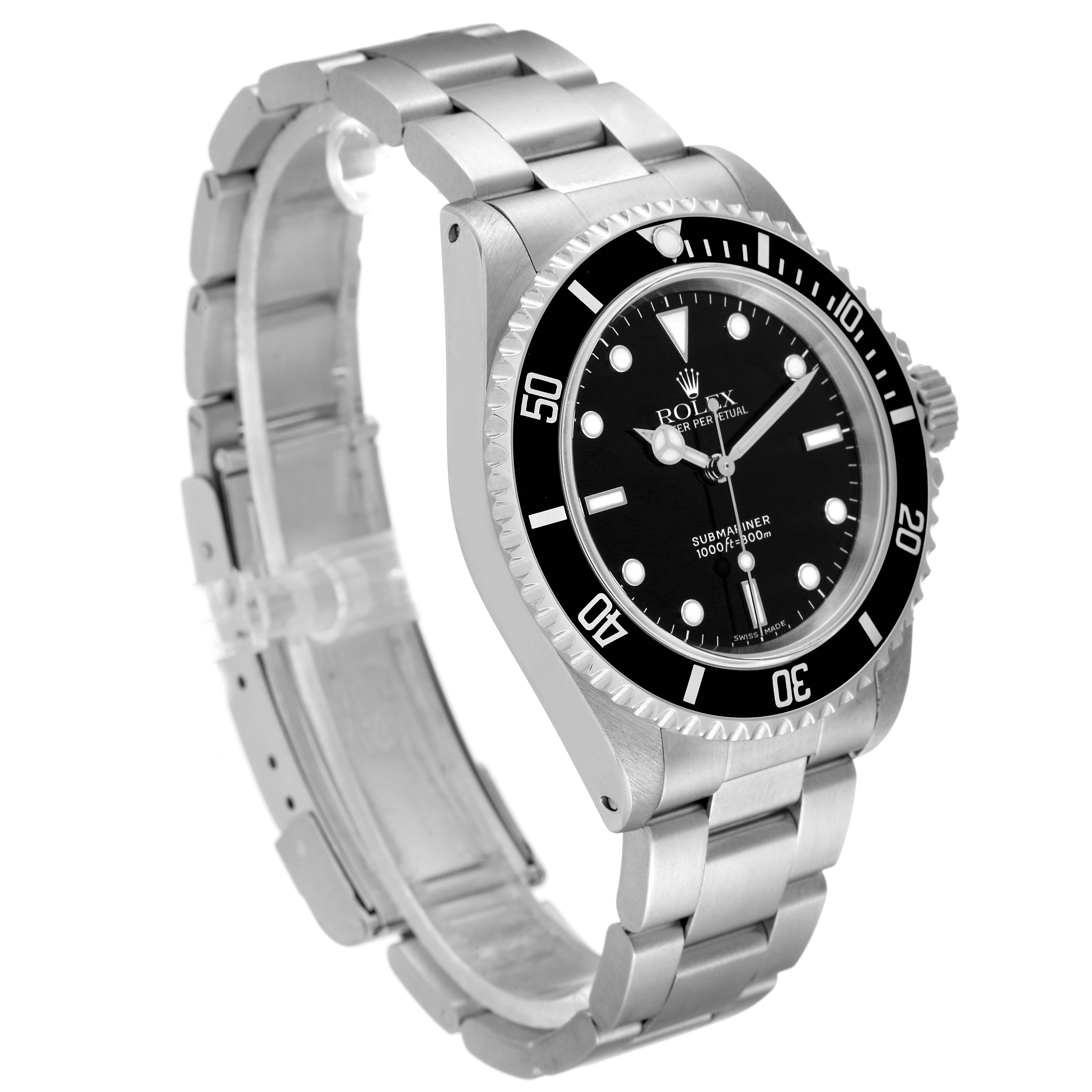 The image shows a side angle of a Rolex Submariner 14060 Men's Stainless Steel Black Dial 14060 Men's Stainless Steel Black Dial watch, highlighting the dial, bezel, and metal bracelet.