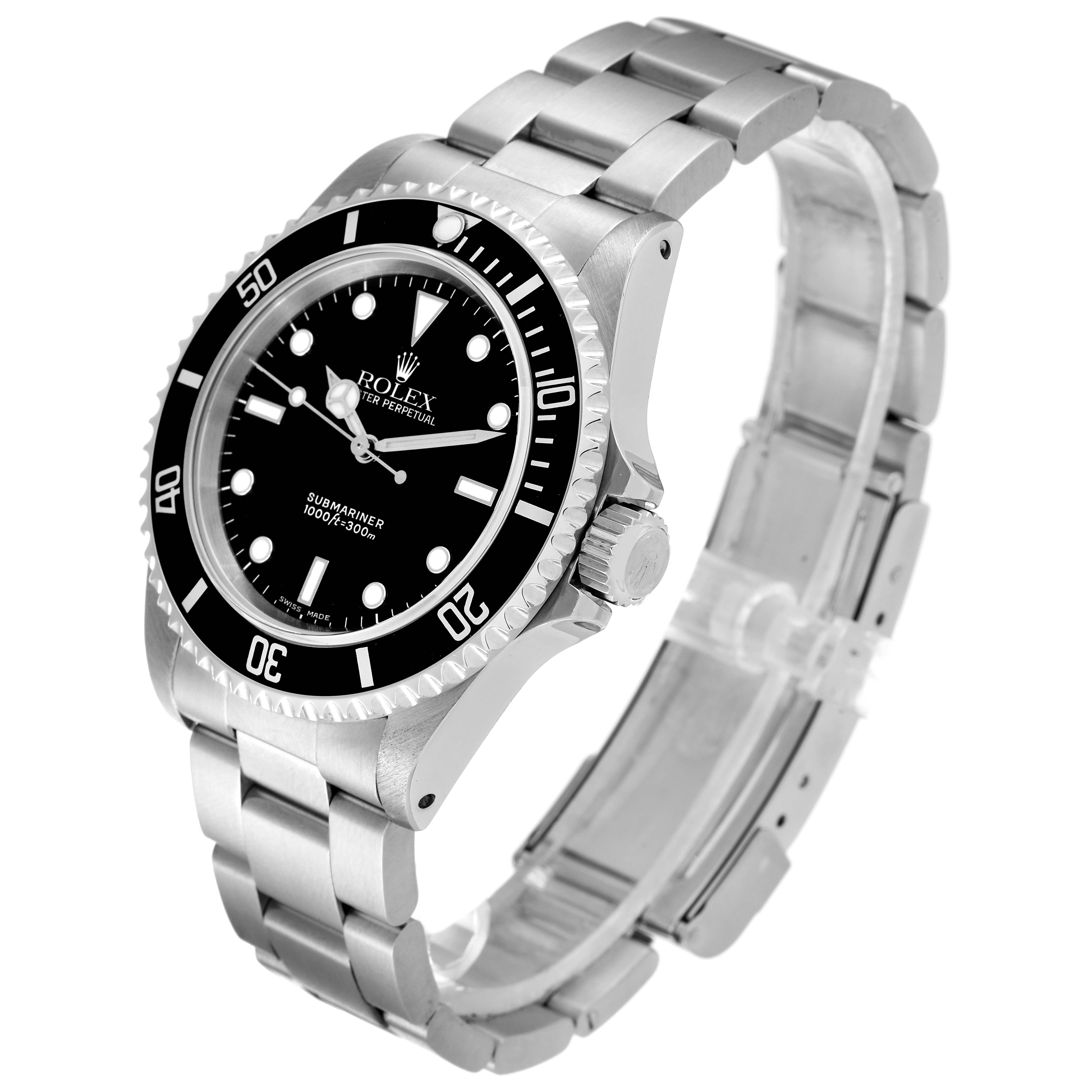 The image shows a side-angle view of a Rolex Submariner 14060 Men's Stainless Steel Black Dial 14060 Men's Stainless Steel Black Dial model watch, highlighting its black dial, steel case, and bracelet.
