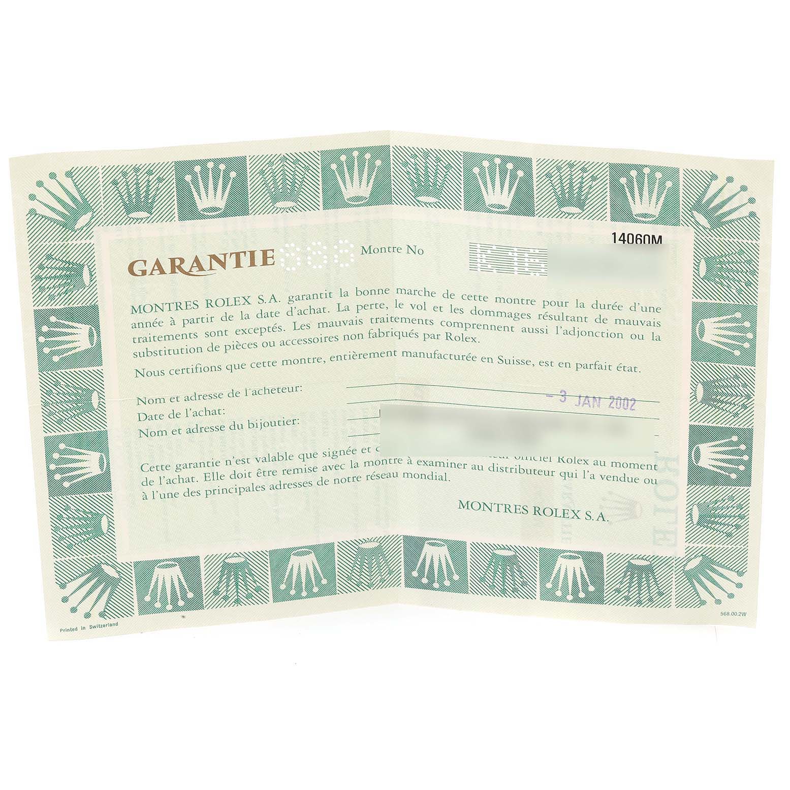 The image shows a guarantee card for the Rolex Submariner 14060 Men's Stainless Steel Black Dial 14060 Men's Stainless Steel Black Dial watch, featuring the brand logo and purchase details.