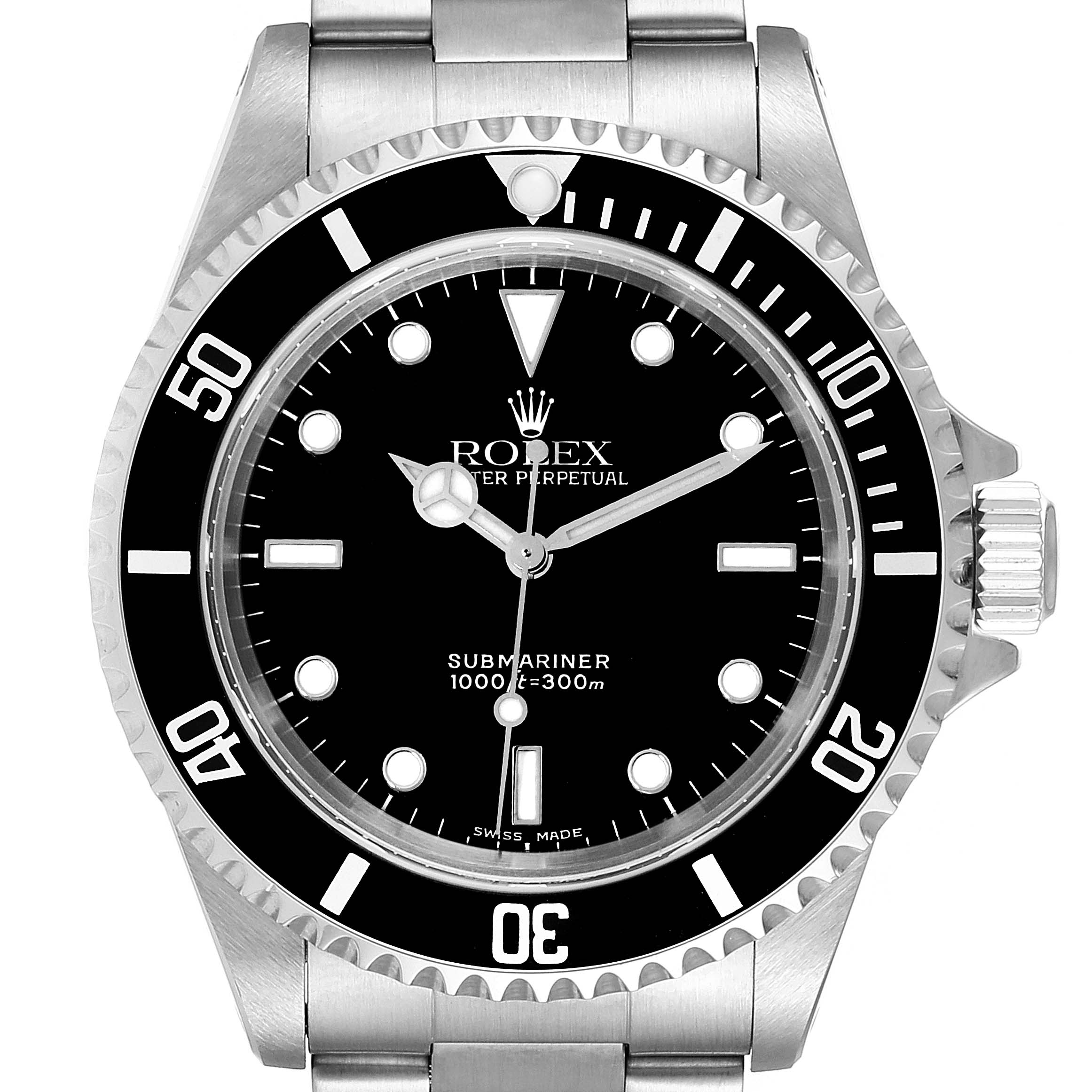 This image shows a front view of the Rolex Submariner 14060 Men's Stainless Steel Black Dial 14060 Men's Stainless Steel Black Dial watch, displaying its dial, bezel, and bracelet.