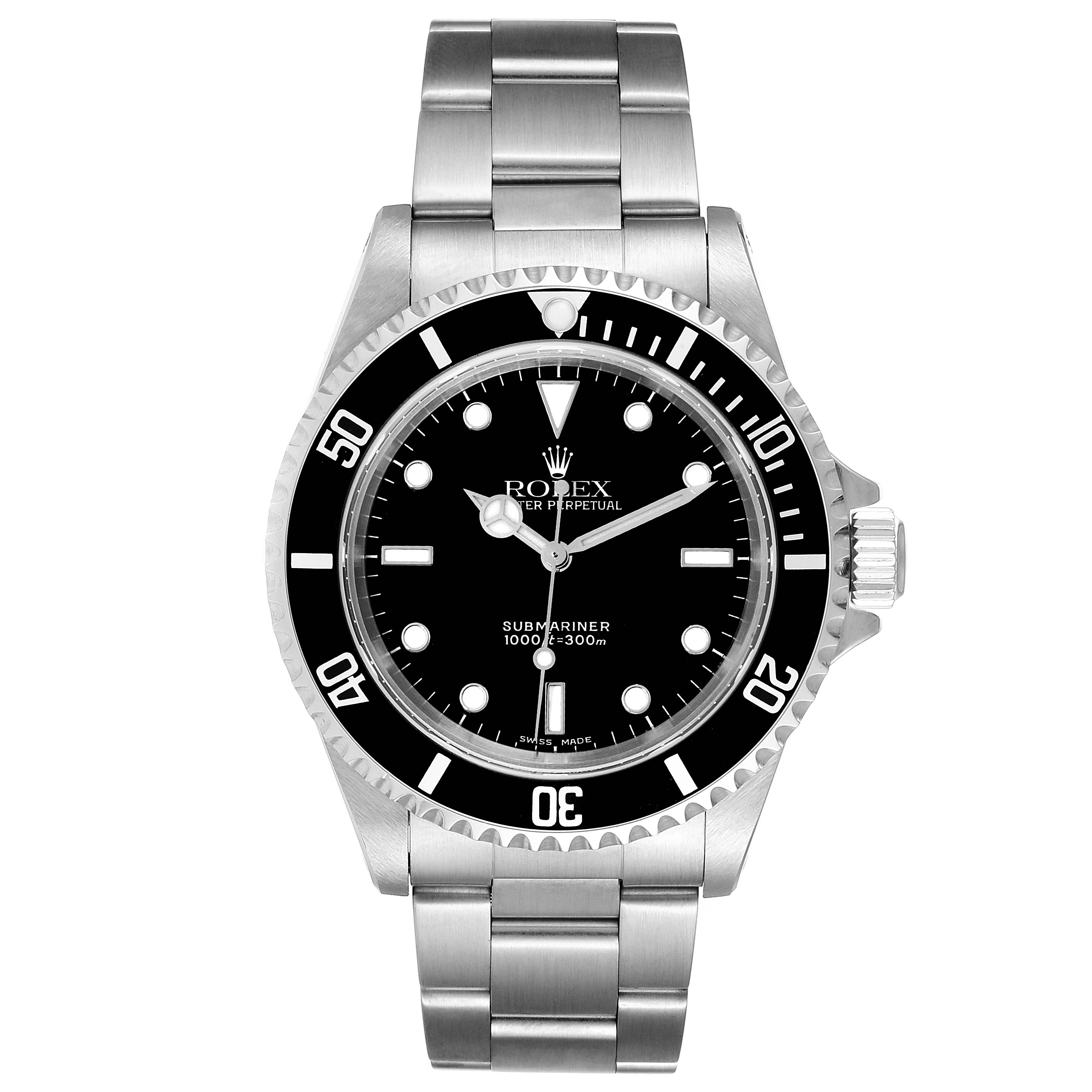 The image shows a front view of a Rolex Submariner 14060 Men's Stainless Steel Black Dial 14060 Men's Stainless Steel Black Dial watch, highlighting its dial, bezel, and stainless steel bracelet.