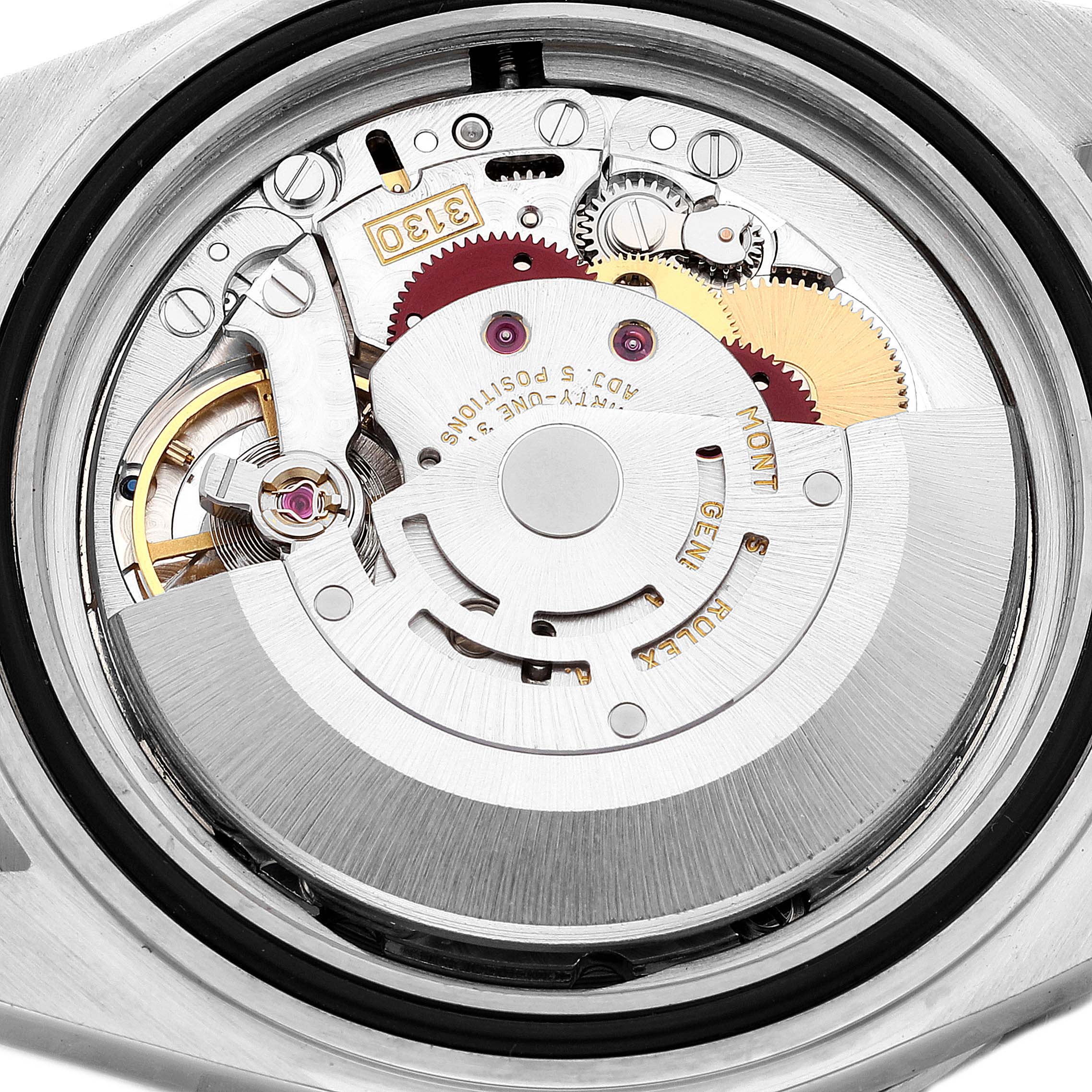 This image shows the intricate inner mechanical movement of a Rolex Submariner 14060 Men's Stainless Steel Black Dial 14060 Men's Stainless Steel Black Dial watch from a back angle.