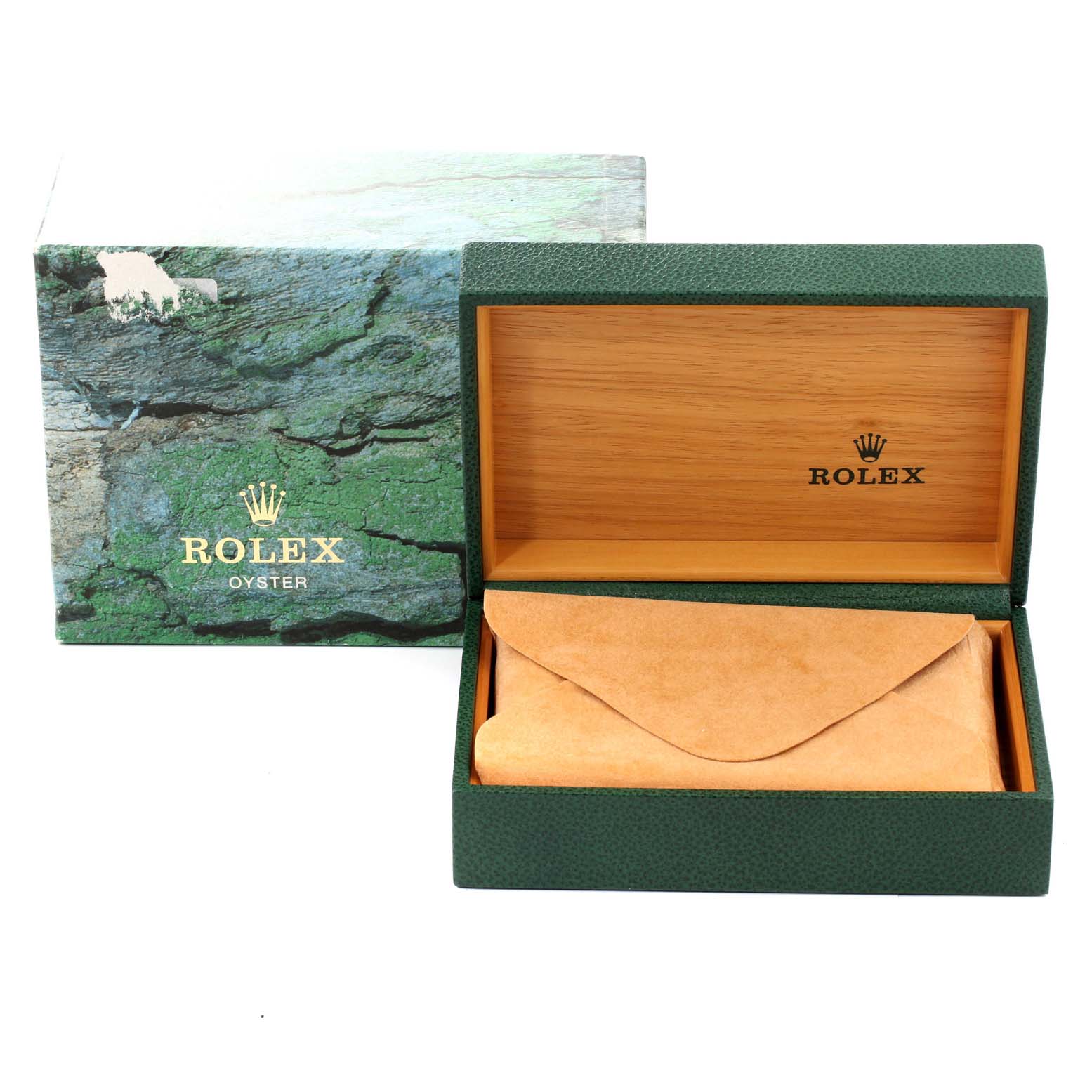 The image shows a green and wooden Rolex Submariner 16610 Men
s Stainless Steel Black Dial 16610 Men
s Stainless Steel Black Dial watch box and protective paper pouch from the front angle.