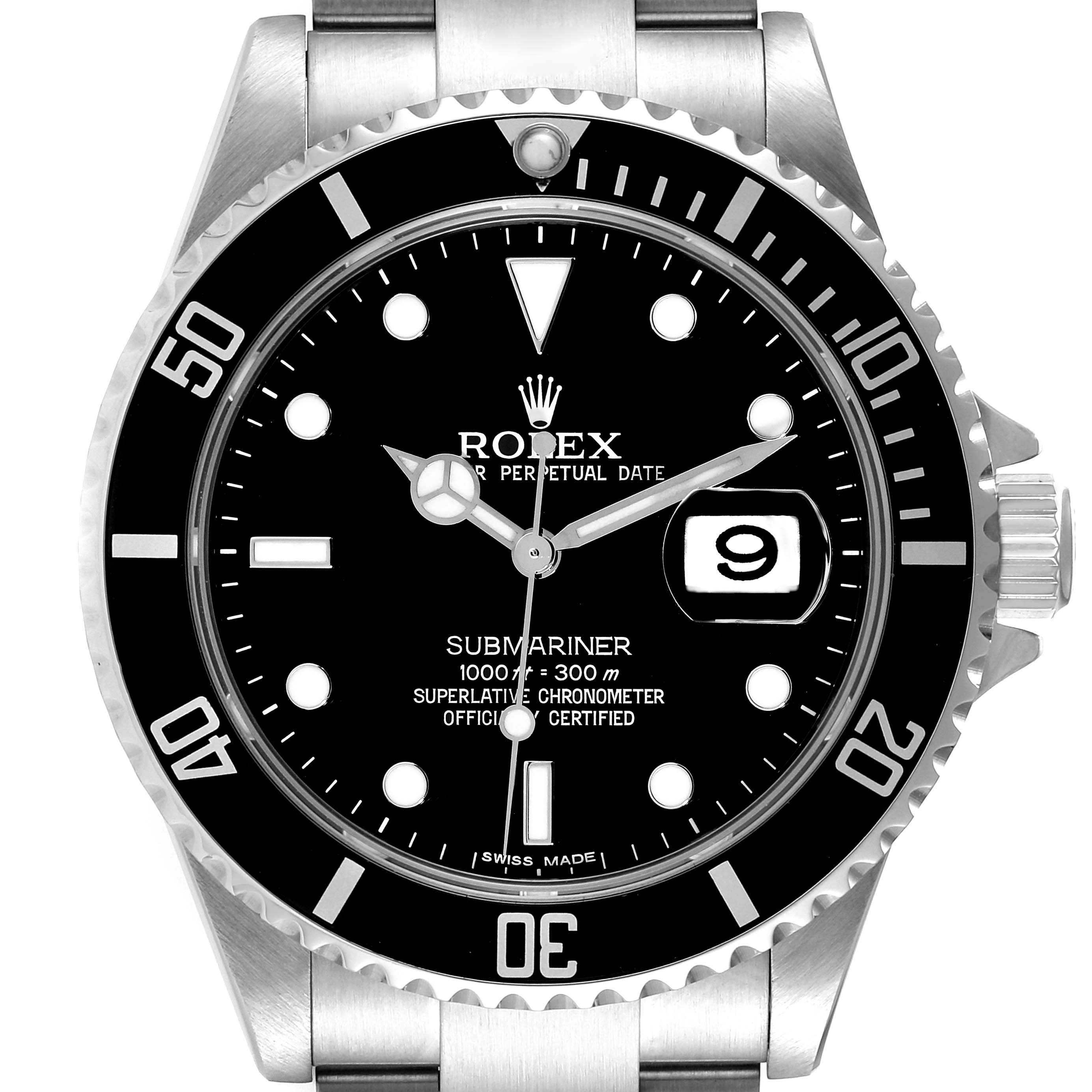 This image shows a front view of the Rolex Submariner 16610 Men
s Stainless Steel Black Dial 16610 Men
s Stainless Steel Black Dial watch, highlighting its dial, bezel, and bracelet.