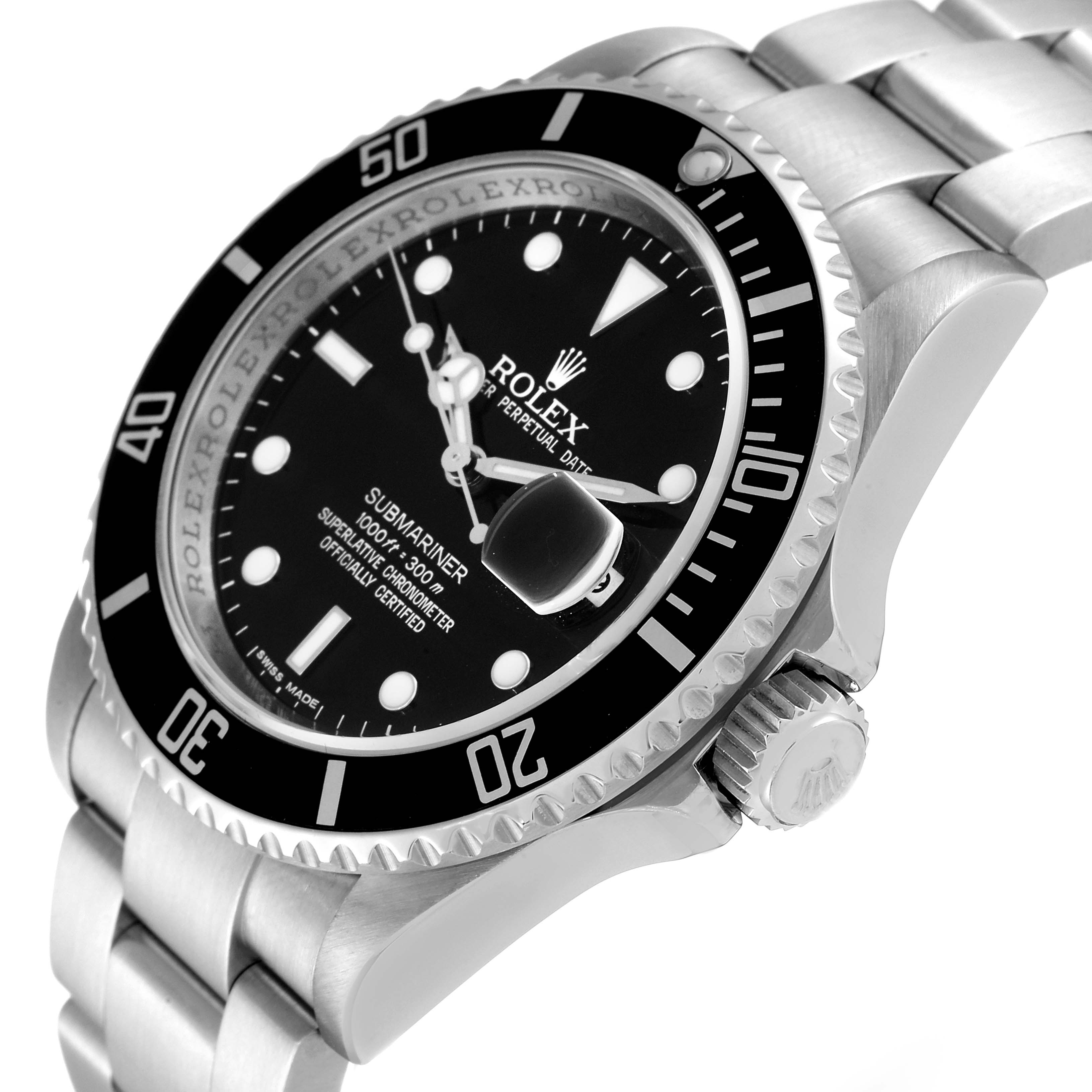 This is a close-up view of a Rolex Submariner 16610 Men
s Stainless Steel Black Dial 16610 Men
s Stainless Steel Black Dial watch showing the face, crown, and part of the bracelet at an angled perspective.