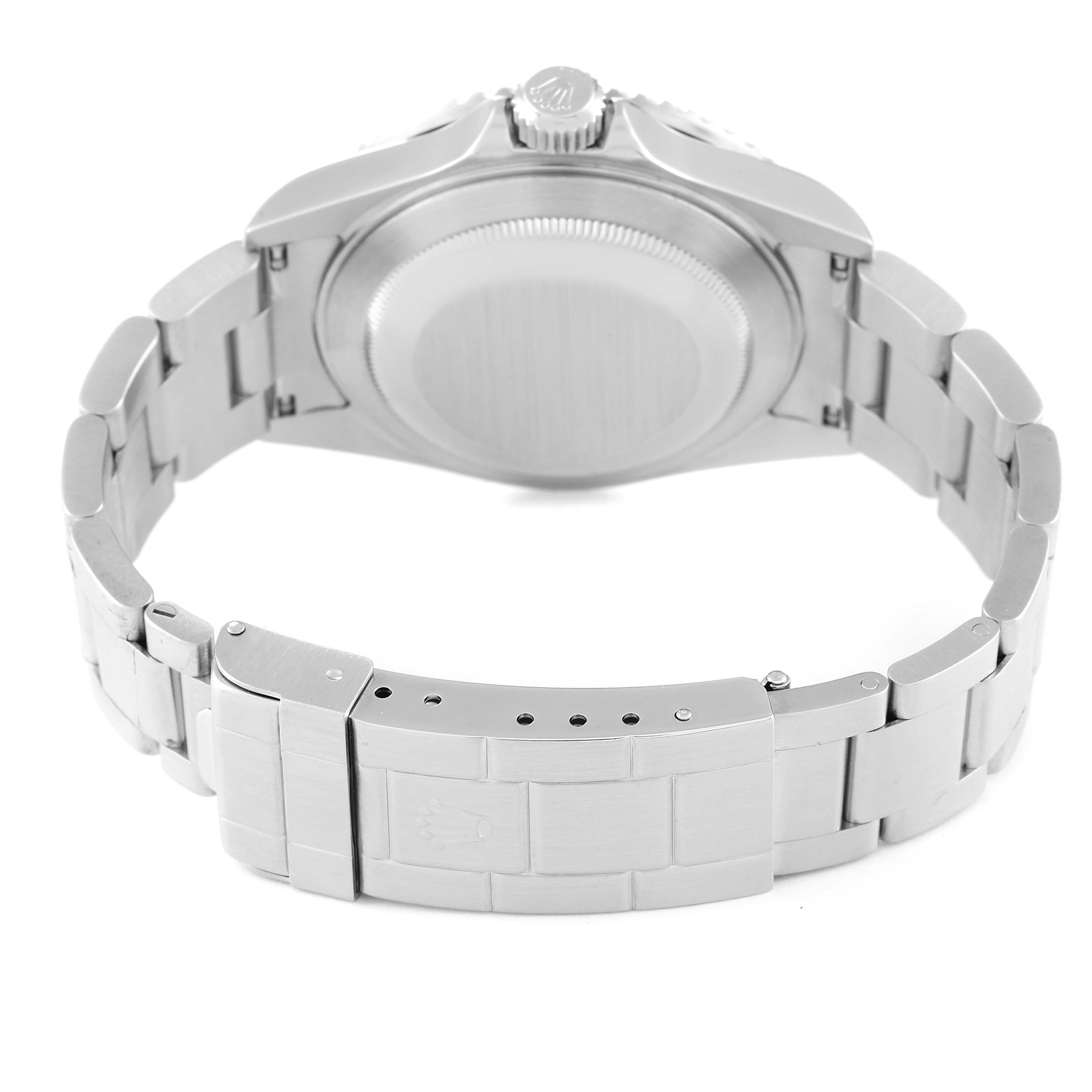 This image shows the backside and bracelet of a Rolex Submariner 16610 Men
s Stainless Steel Black Dial 16610 Men
s Stainless Steel Black Dial watch, highlighting the clasp and case back.