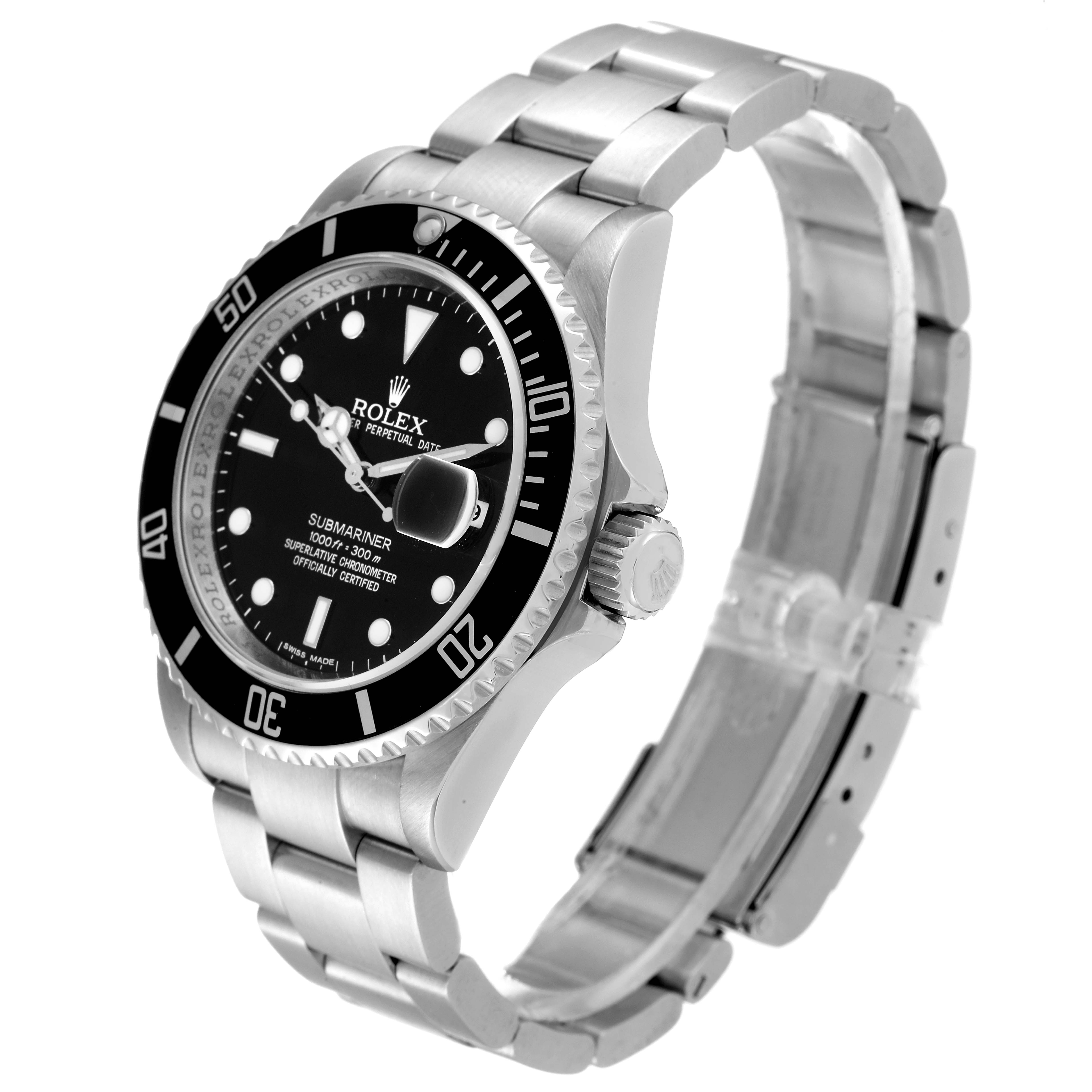 This image shows a Rolex Submariner 16610 Men
s Stainless Steel Black Dial 16610 Men
s Stainless Steel Black Dial watch at an angle highlighting its dial, bezel, crown, and bracelet.