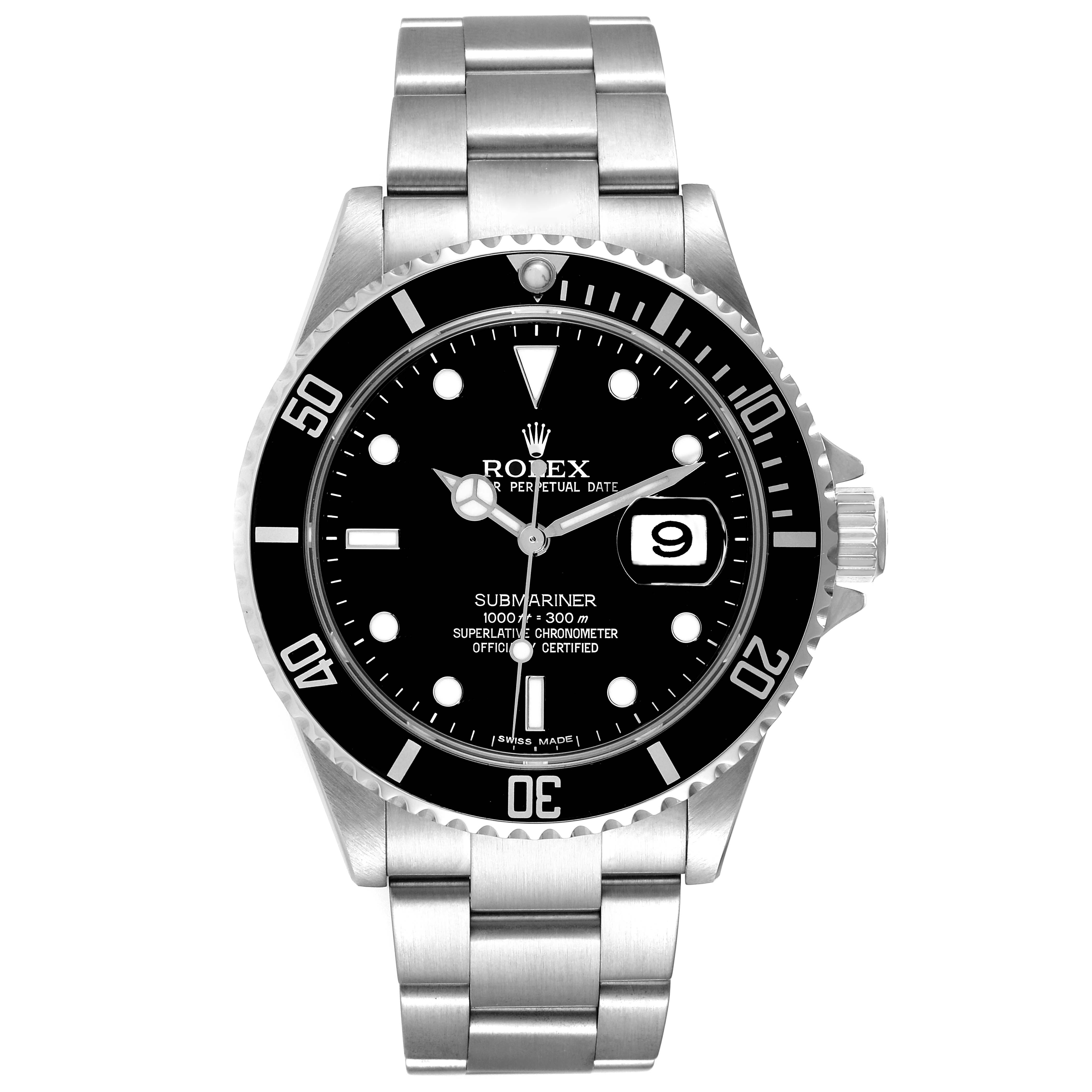 The image shows a front view of the Rolex Submariner 16610 Men
s Stainless Steel Black Dial 16610 Men
s Stainless Steel Black Dial watch, detailing its dial, bezel, and bracelet.