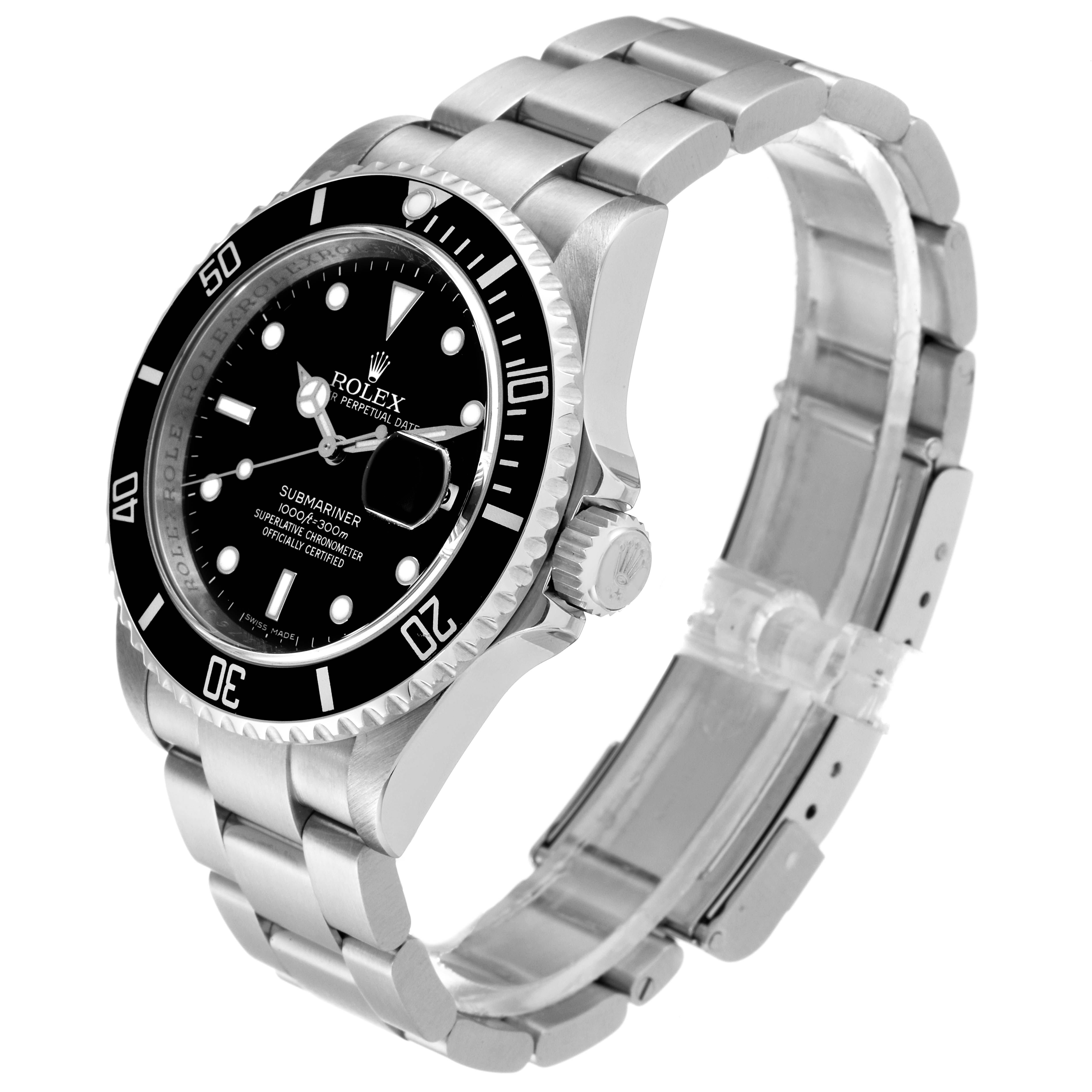 This is a side angle view of the Rolex Submariner 16610 Men's Stainless Steel Black Dial 16610 Men's Stainless Steel Black Dial watch showing the face, bezel, crown, and stainless steel bracelet.