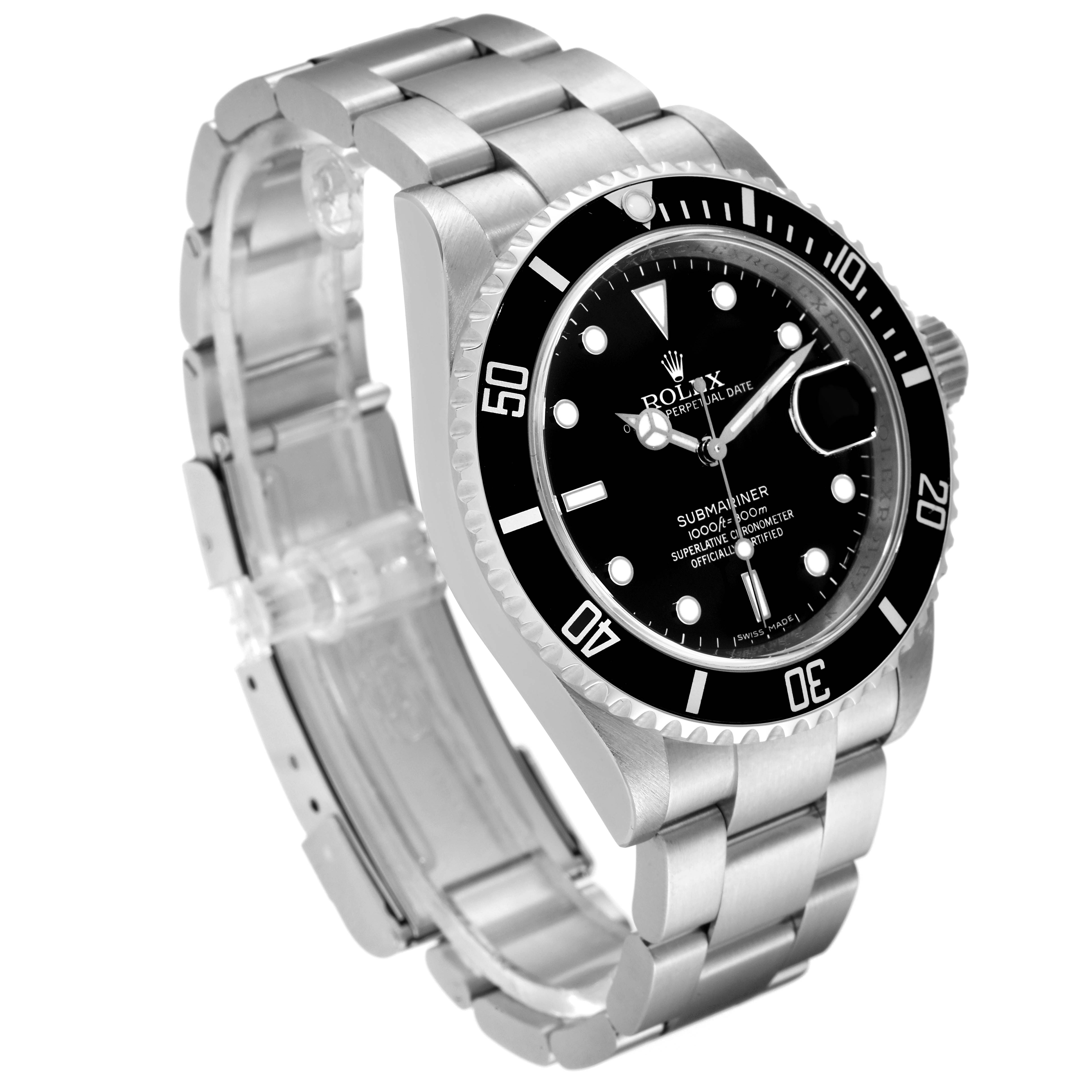 This Rolex Submariner 16610 Men's Stainless Steel Black Dial 16610 Men's Stainless Steel Black Dial watch is shown at an angled view, highlighting the bezel, dial, case, and bracelet.