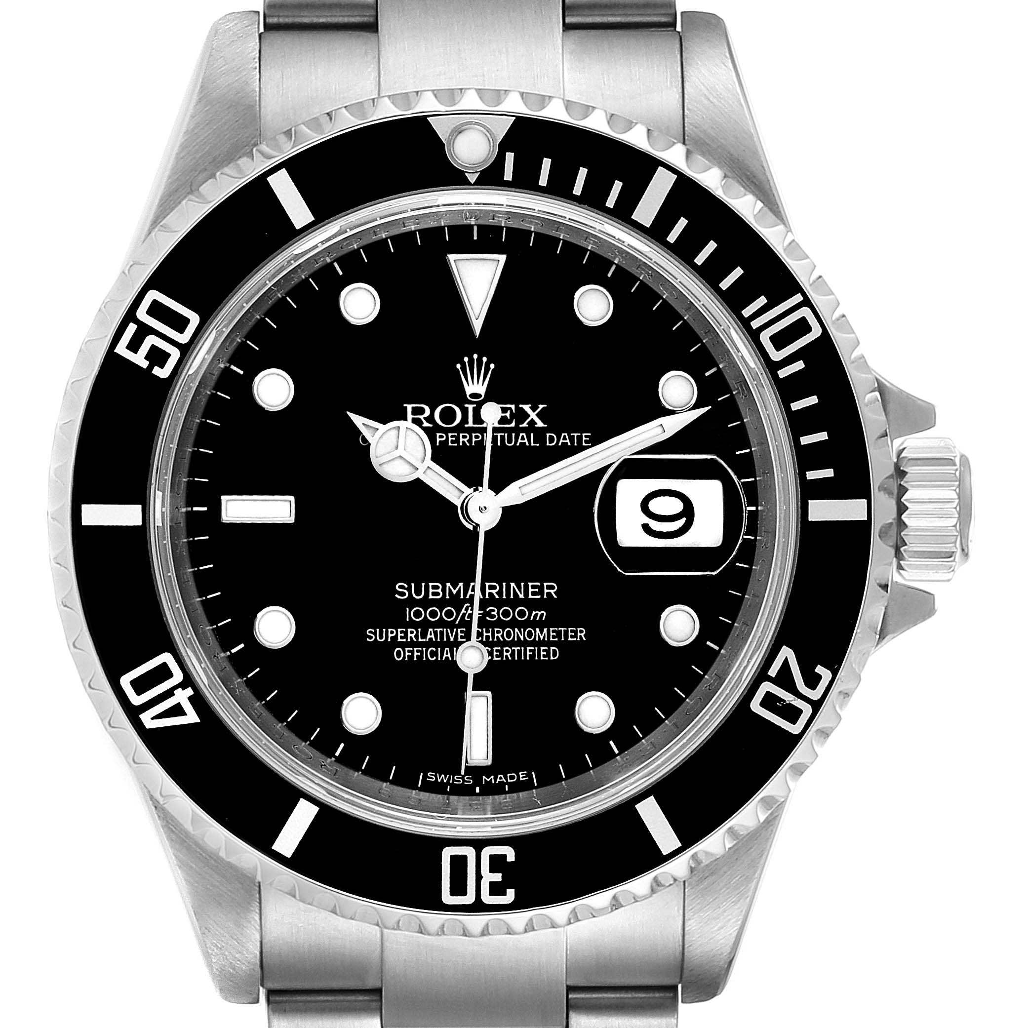 This is a front view of a Rolex Submariner 16610 Men's Stainless Steel Black Dial 16610 Men's Stainless Steel Black Dial watch, showing the black dial, bezel, and steel bracelet.